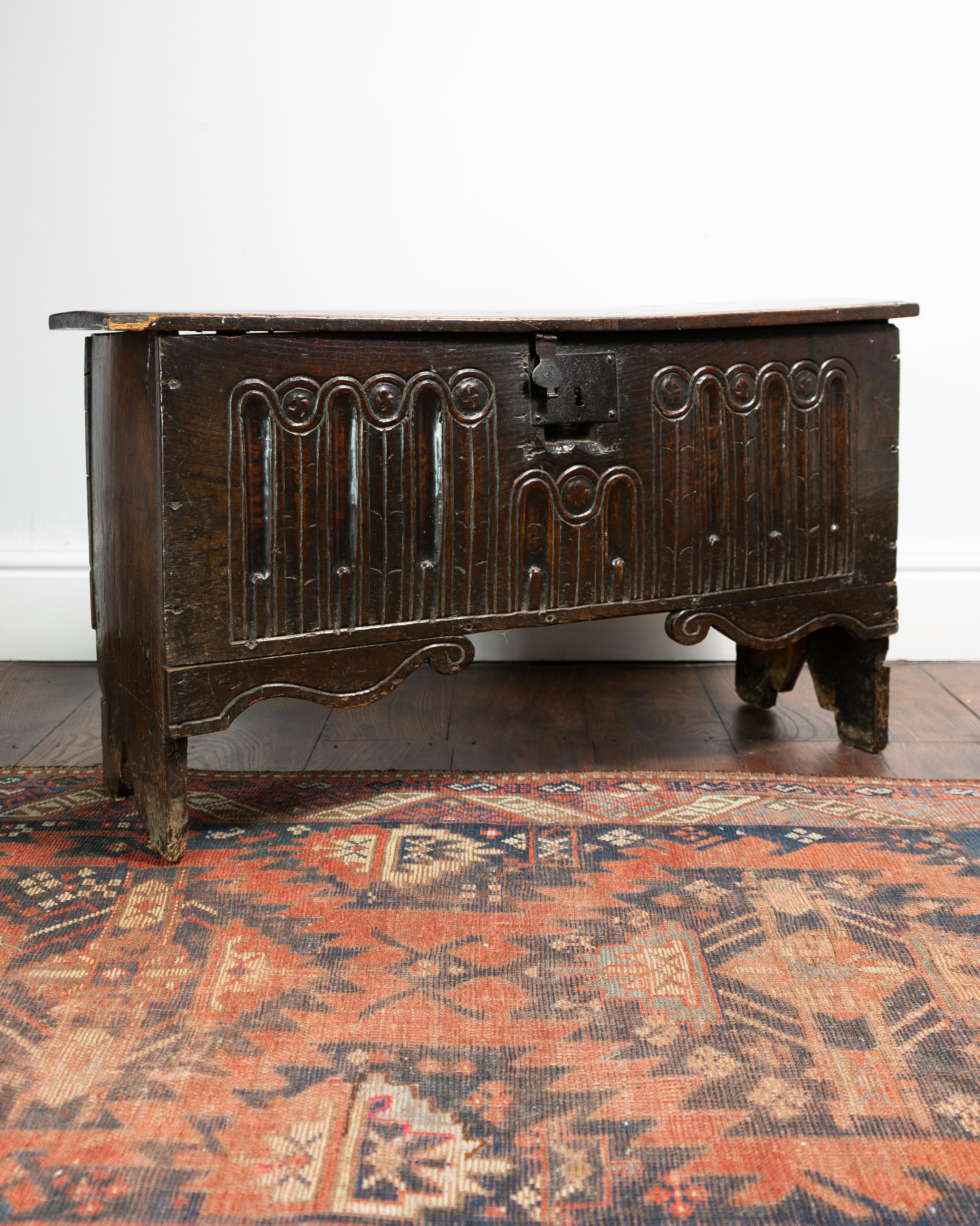 British 17th Century, James I, Carved Boarded Oak Chest, England, Circa 1603 - 1625 For Sale