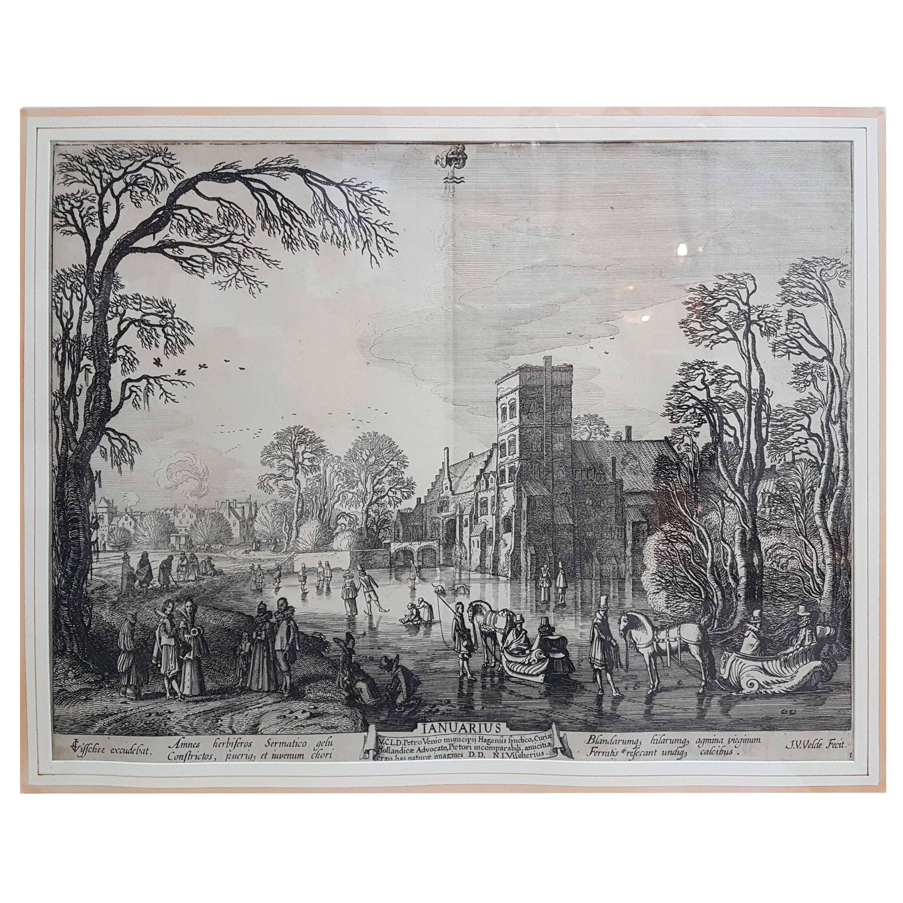 Stampa del XVII secolo di Jan Van de Velde "Gennaio" dai Mesi, 1618