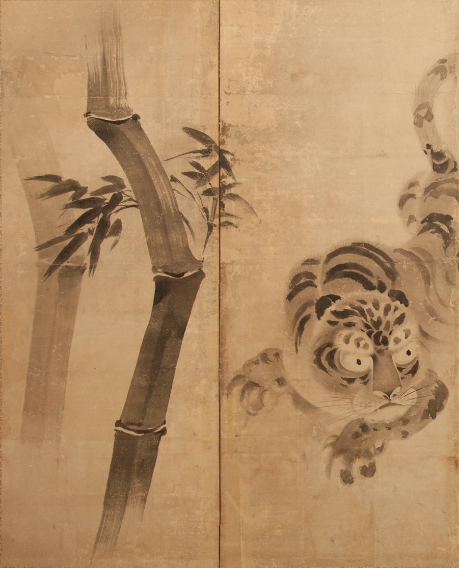 17th century Japanese four-panel screen: leaping tiger and bamboo, Wonderful painting of tiger in mid-air with the suggestion of a bamboo forest on the left and the sea on the right. Signature and seal read: Kano Tonyu (1602-1674). Ink on mulberry