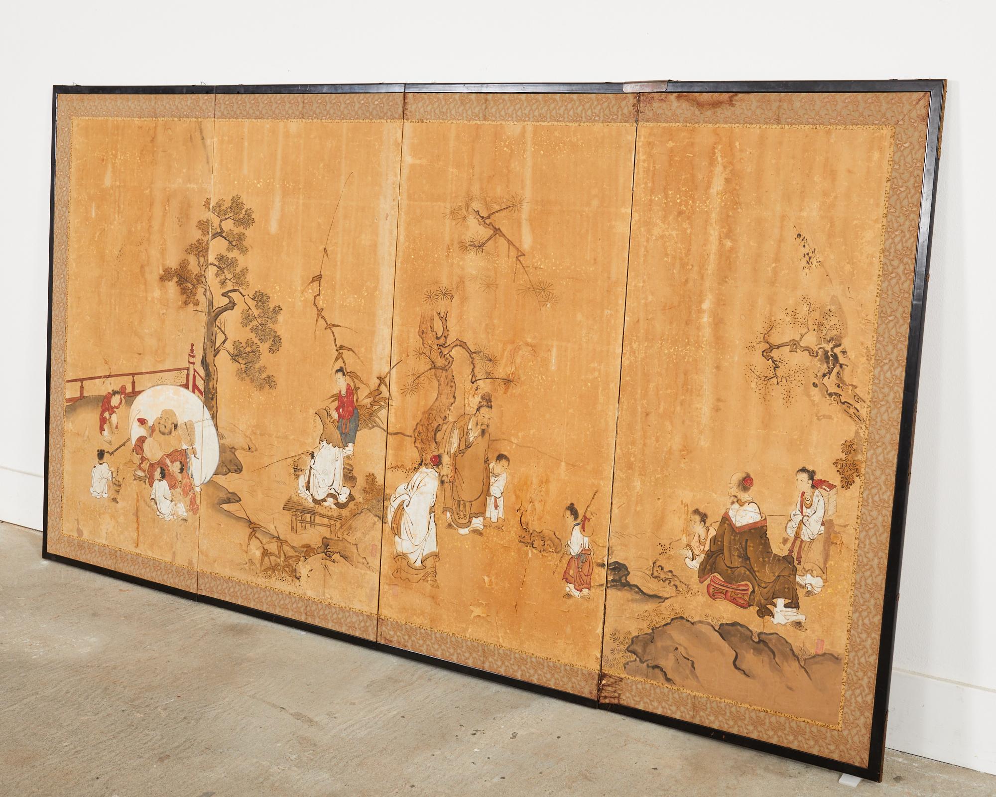 17th Century Japanese Edo Four Panel Screen Hotei with Chinese Sages For Sale 5