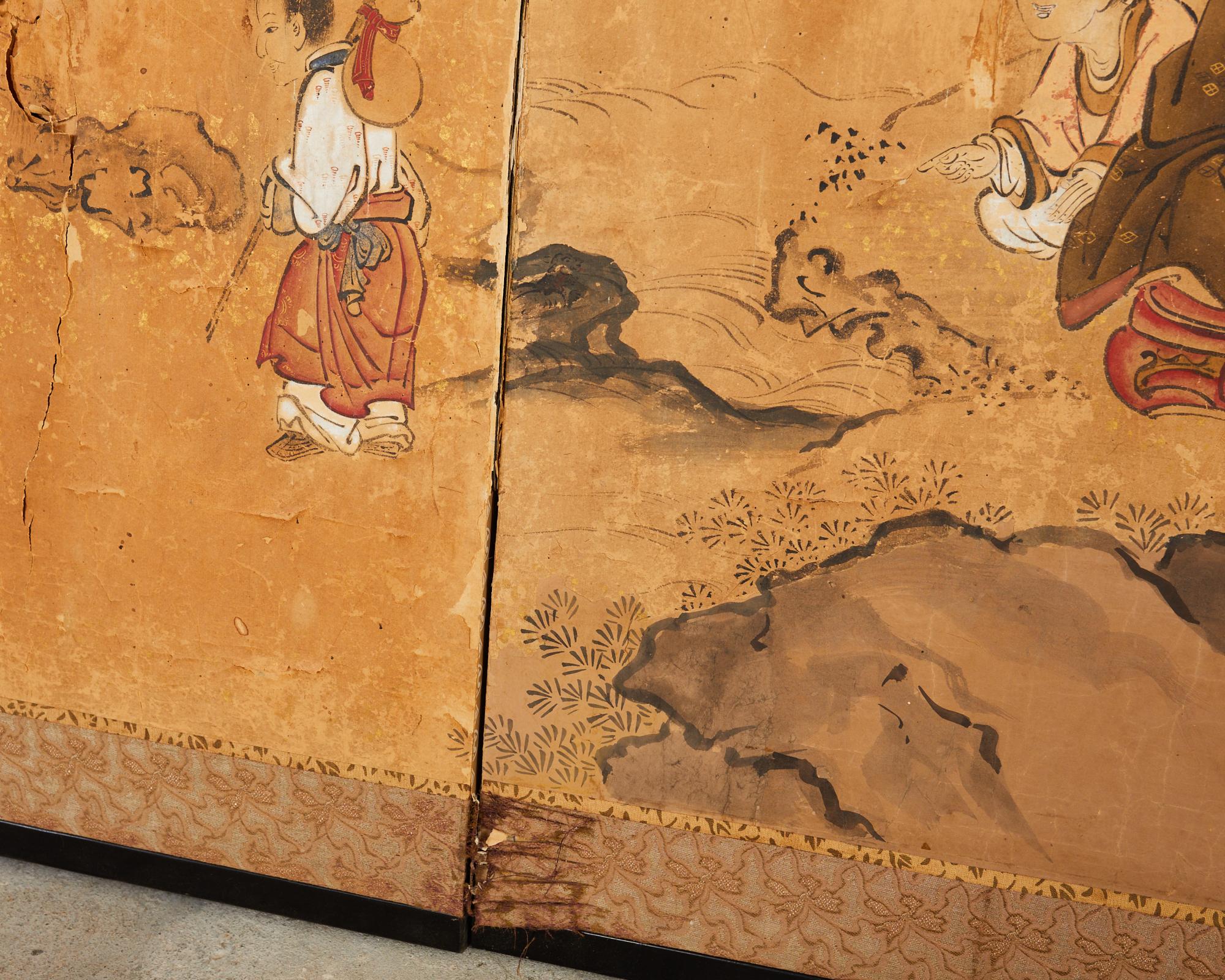17th Century Japanese Edo Four Panel Screen Hotei with Chinese Sages For Sale 6