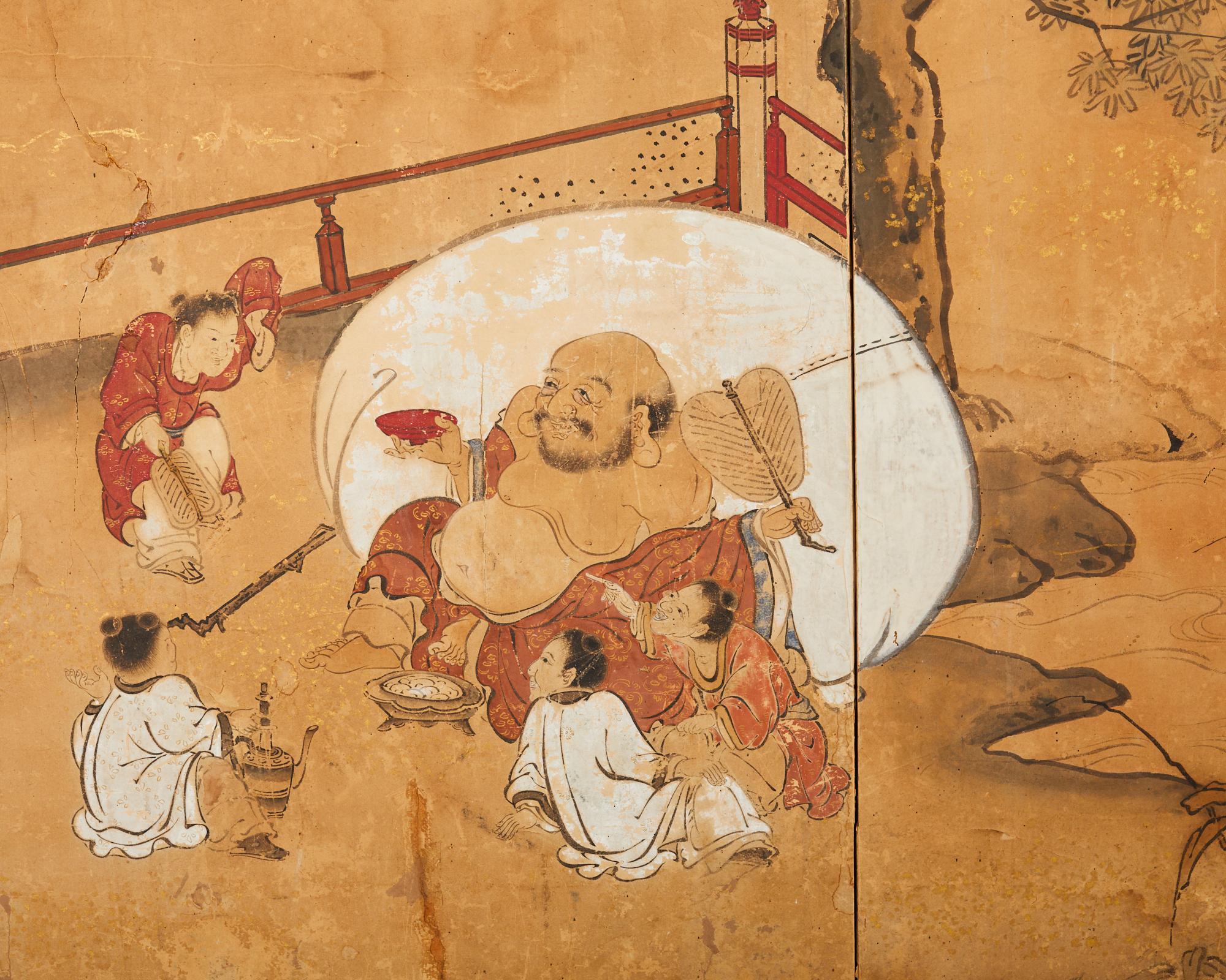 17th Century Japanese Edo Four Panel Screen Hotei with Chinese Sages For Sale 10