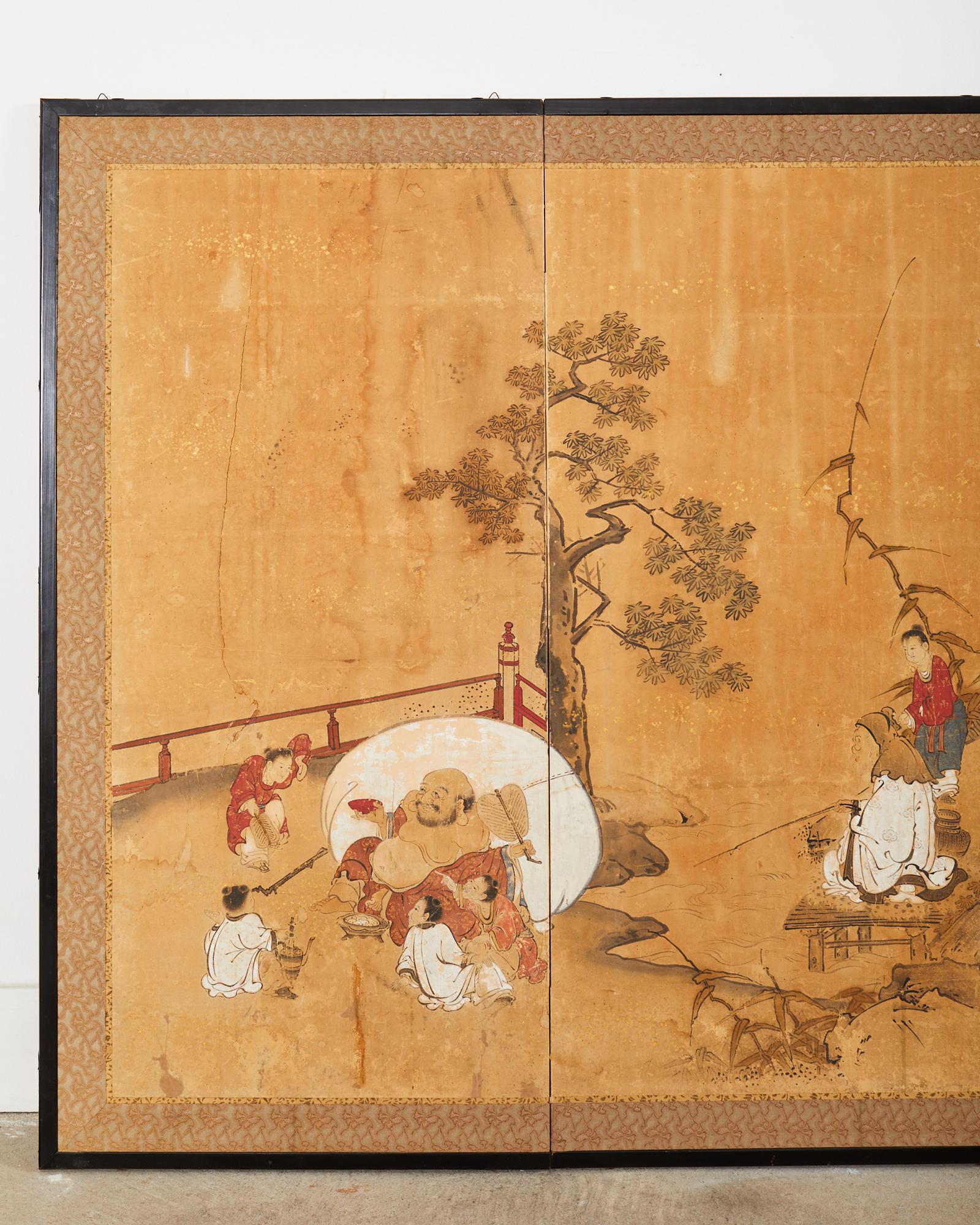 Hand-Crafted 17th Century Japanese Edo Four Panel Screen Hotei with Chinese Sages For Sale
