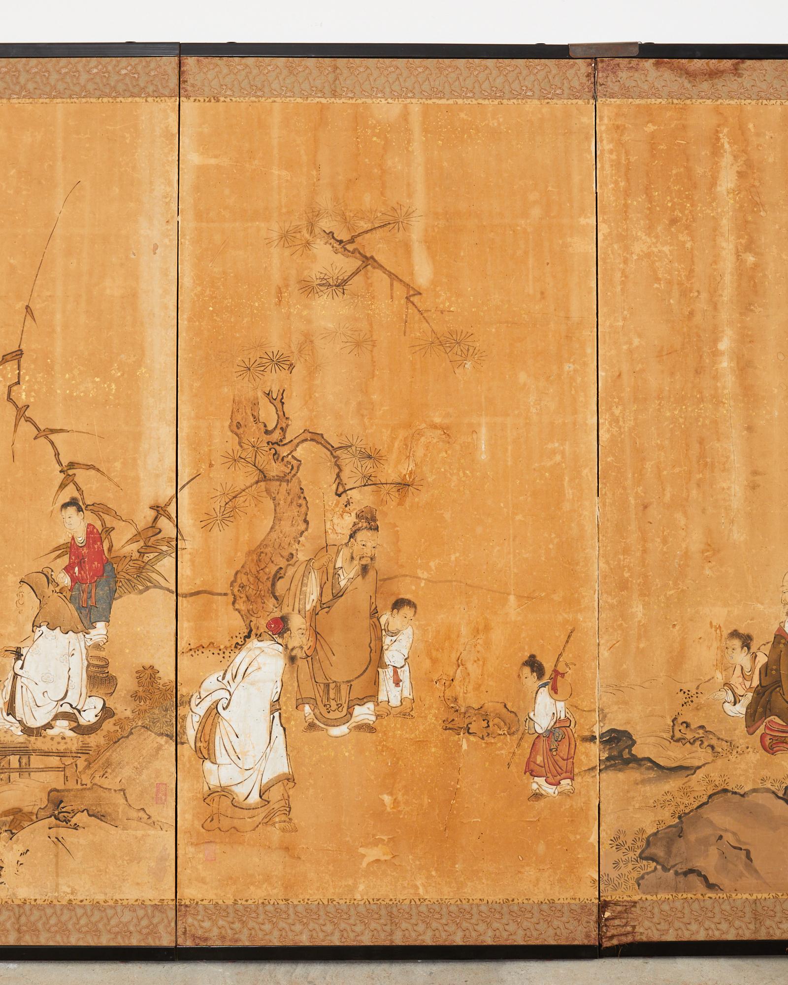 17th Century Japanese Edo Four Panel Screen Hotei with Chinese Sages In Distressed Condition For Sale In Rio Vista, CA