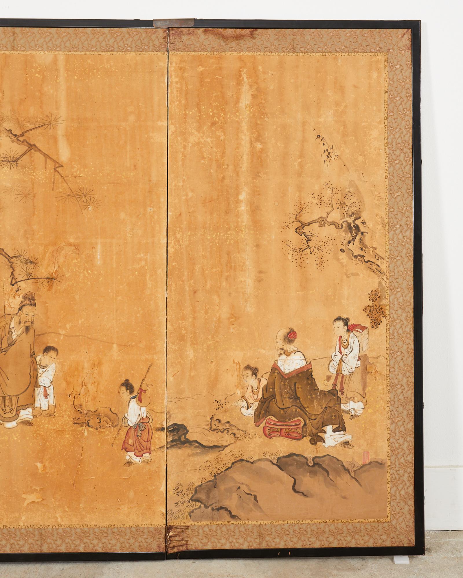 18th Century and Earlier 17th Century Japanese Edo Four Panel Screen Hotei with Chinese Sages For Sale
