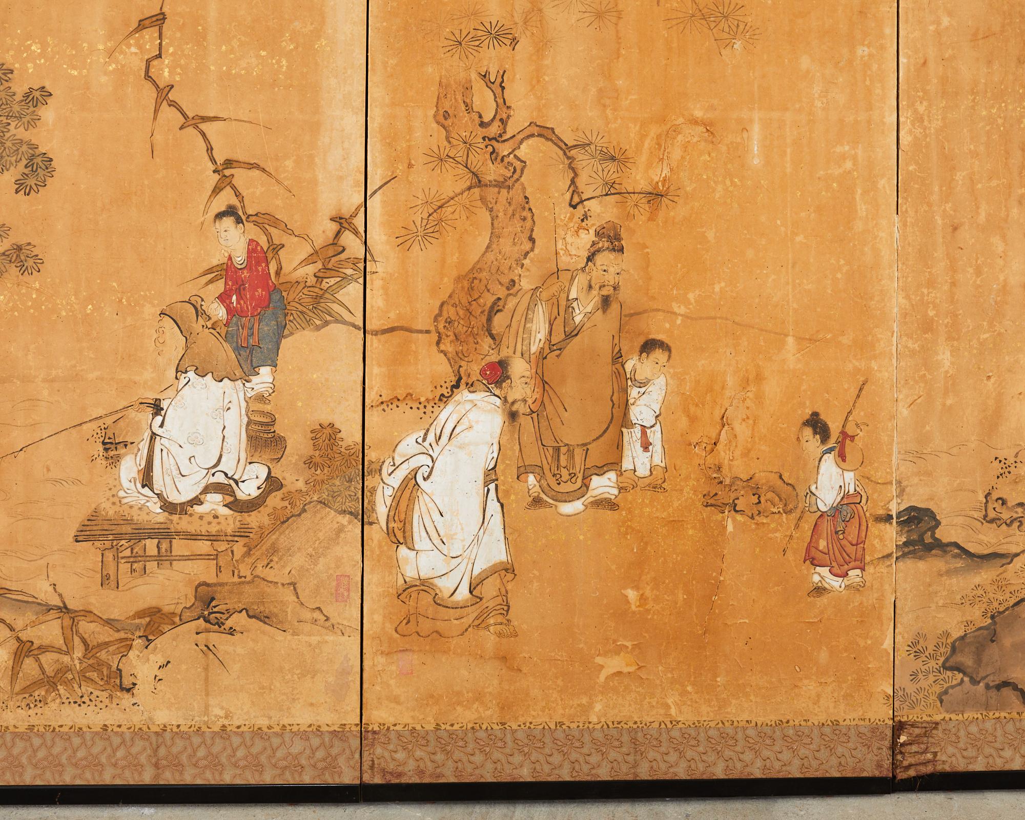 17th Century Japanese Edo Four Panel Screen Hotei with Chinese Sages For Sale 1