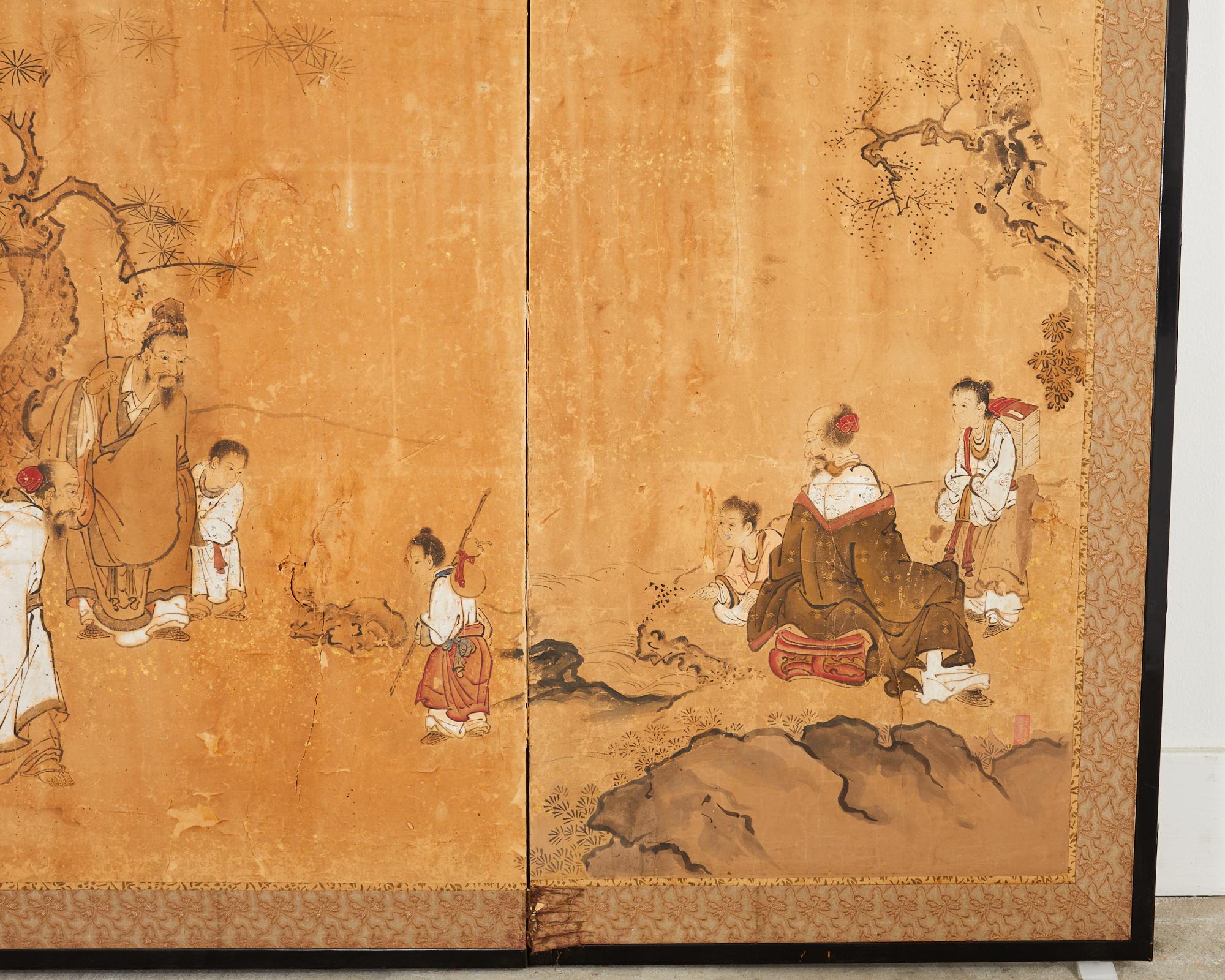 17th Century Japanese Edo Four Panel Screen Hotei with Chinese Sages For Sale 2