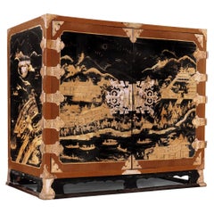 17th Century Japanese Export Lacquer Cabinet with Depiction the Dutch Tradepost