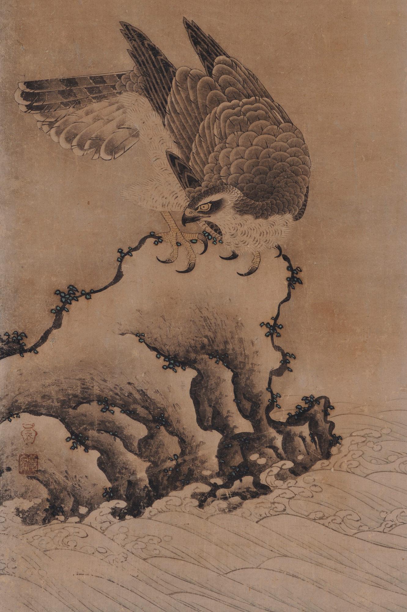 Mitani Toshuku (1577-1654)
“Falcon”
Wall panel, ink and light color on paper.
Upper Seal: Mitani
Lower Seal: Toshuku
Dimensions:
Each 118.5 cm x 51 cm x 2 cm (46.5” x 20” x .75”)

Individual falcon paintings by Mitani Toshuku (1577-1654), an