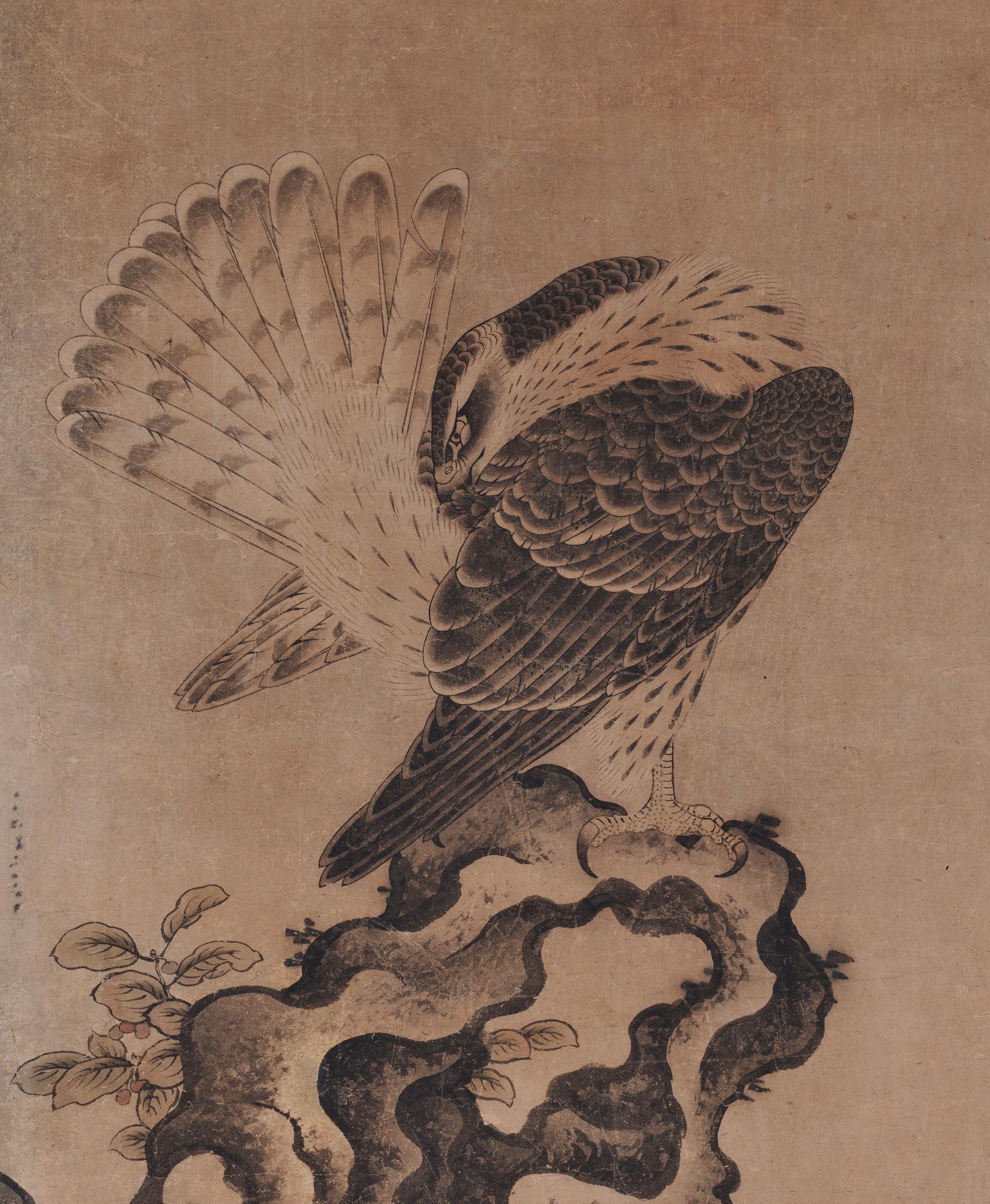 Mitani Toshuku (1577-1654)
“Falcon”
Wall panel, ink and light color on paper.
Upper seal: Mitani
Lower seal: Toshuku
Dimensions:
Each 118.5 cm x 51 cm x 2 cm (46.5” x 20” x .75”)

Individual falcon paintings by Mitani Toshuku (1577-1654), an
