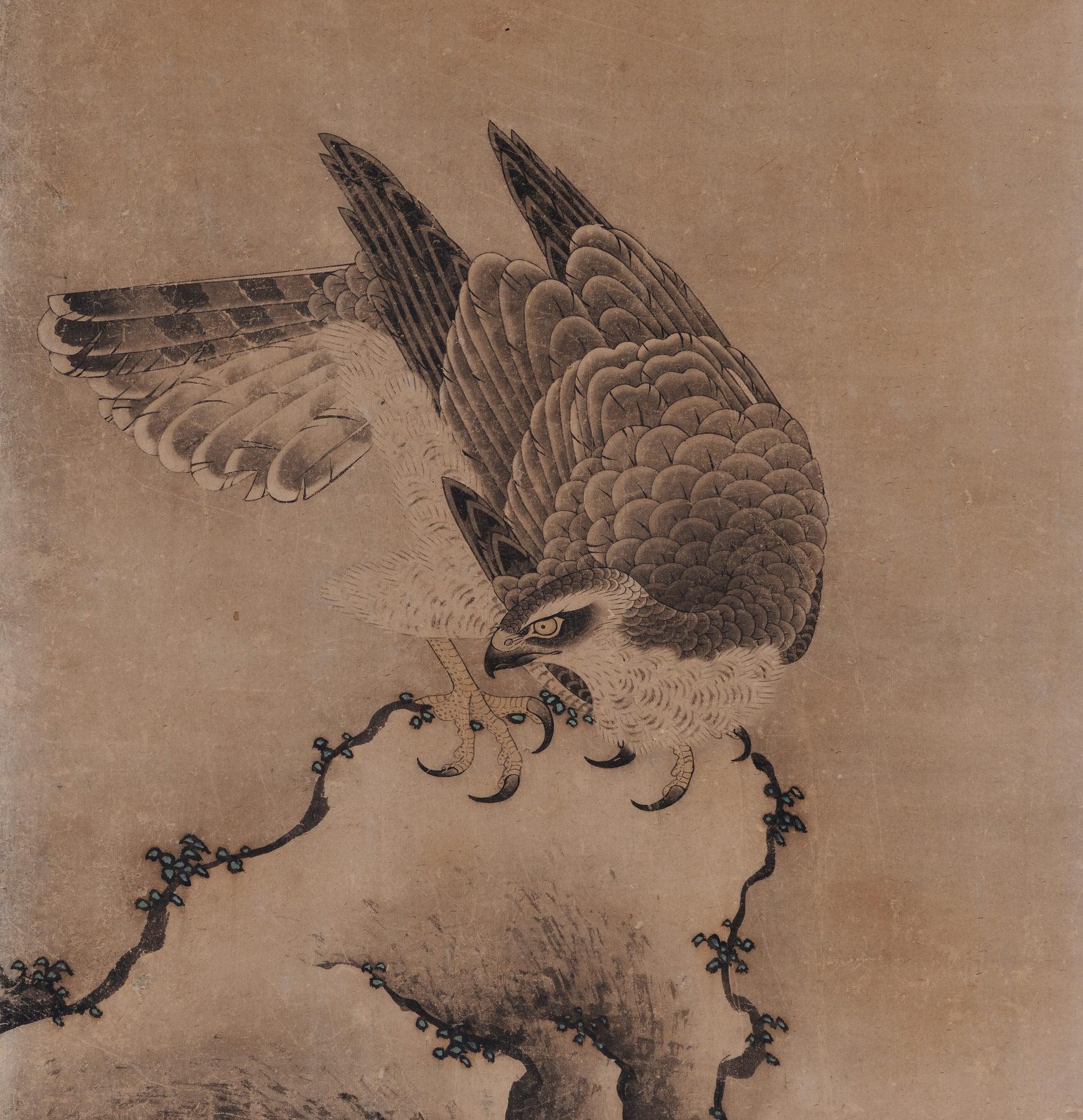 Edo Peinture de fauconnier japonaise du 17ème siècle, Mitani Toshuku, école Unkoku en vente