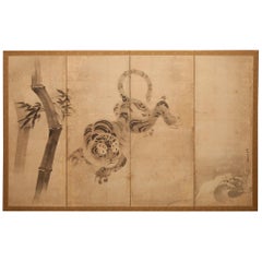 17th Century Japanese Four Panel Screen Leaping Tiger and Bamboo