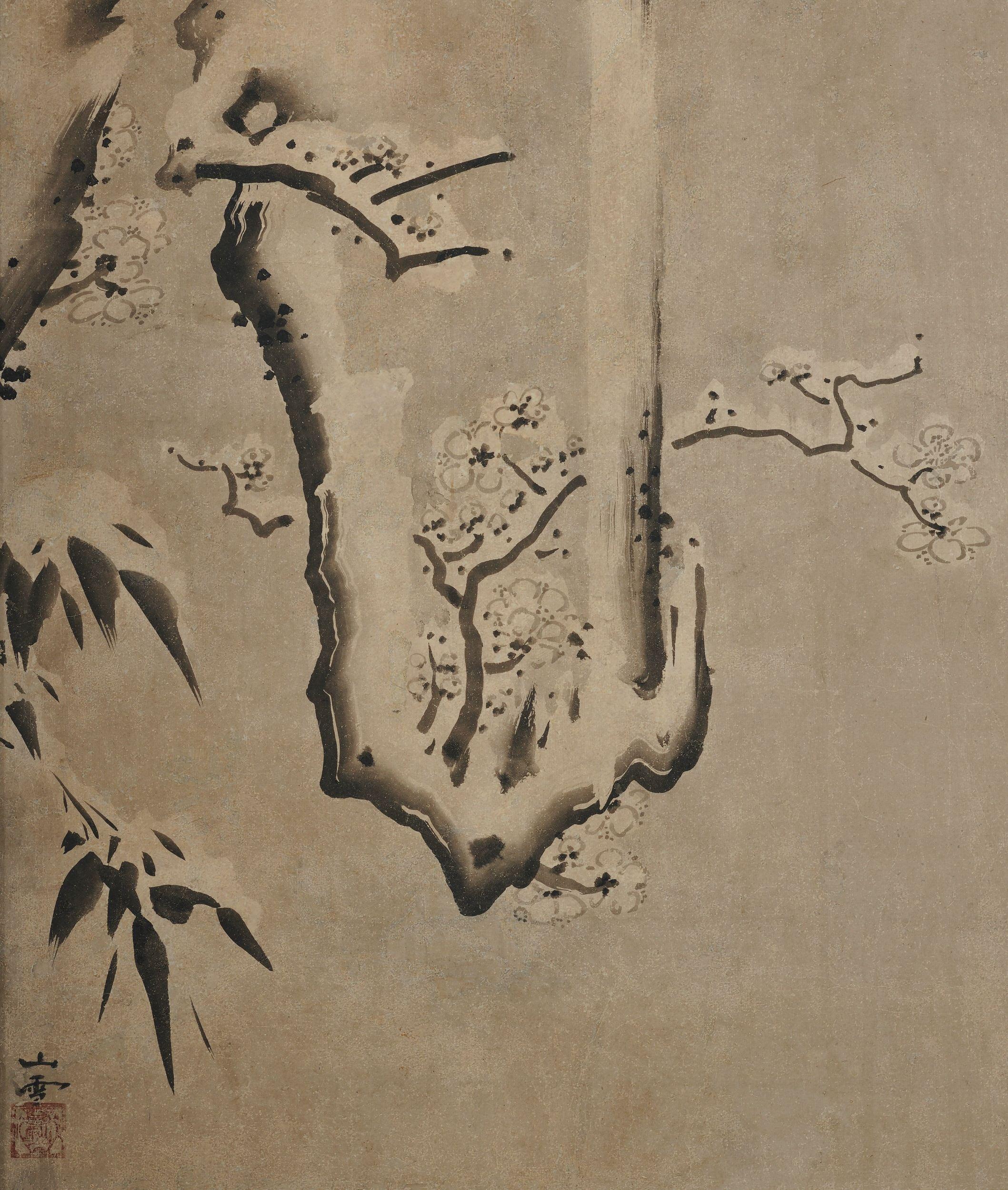 Kano Sansetsu (1589-1651)

Fleurs de prunier dans la neige

Période Edo, vers 1640

Peinture encadrée. Encre sur papier.

Kano Sansetsu est un peintre japonais qui a représenté l'école Kyo Kano (Kyoto Kano) de la fin du Momoyama au début de