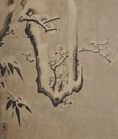 17th Century Japanese Framed Painting by Kano Sansetsu, Plum Blossoms in Snow