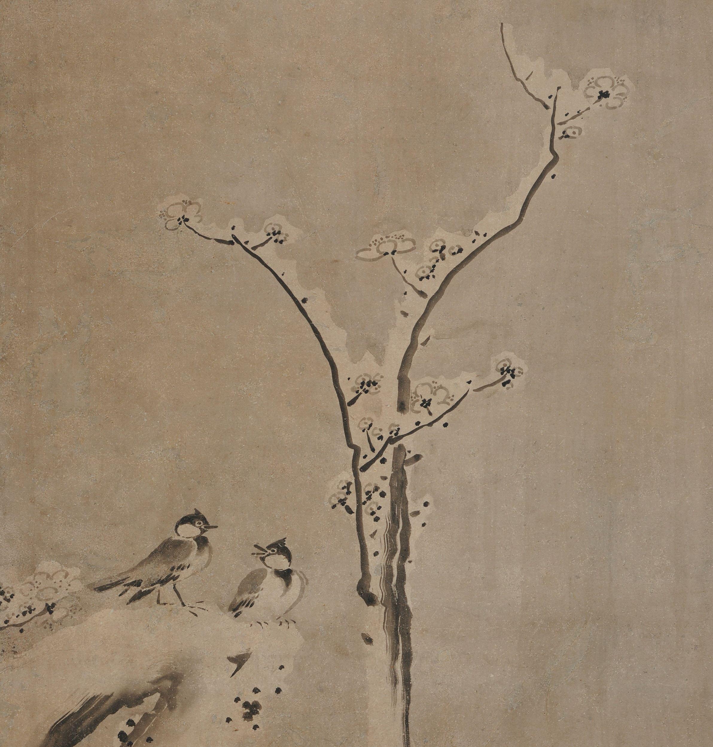 Edo 17th Century Japanese Framed Painting by Kano Sansetsu, Plum Blossoms in Snow For Sale