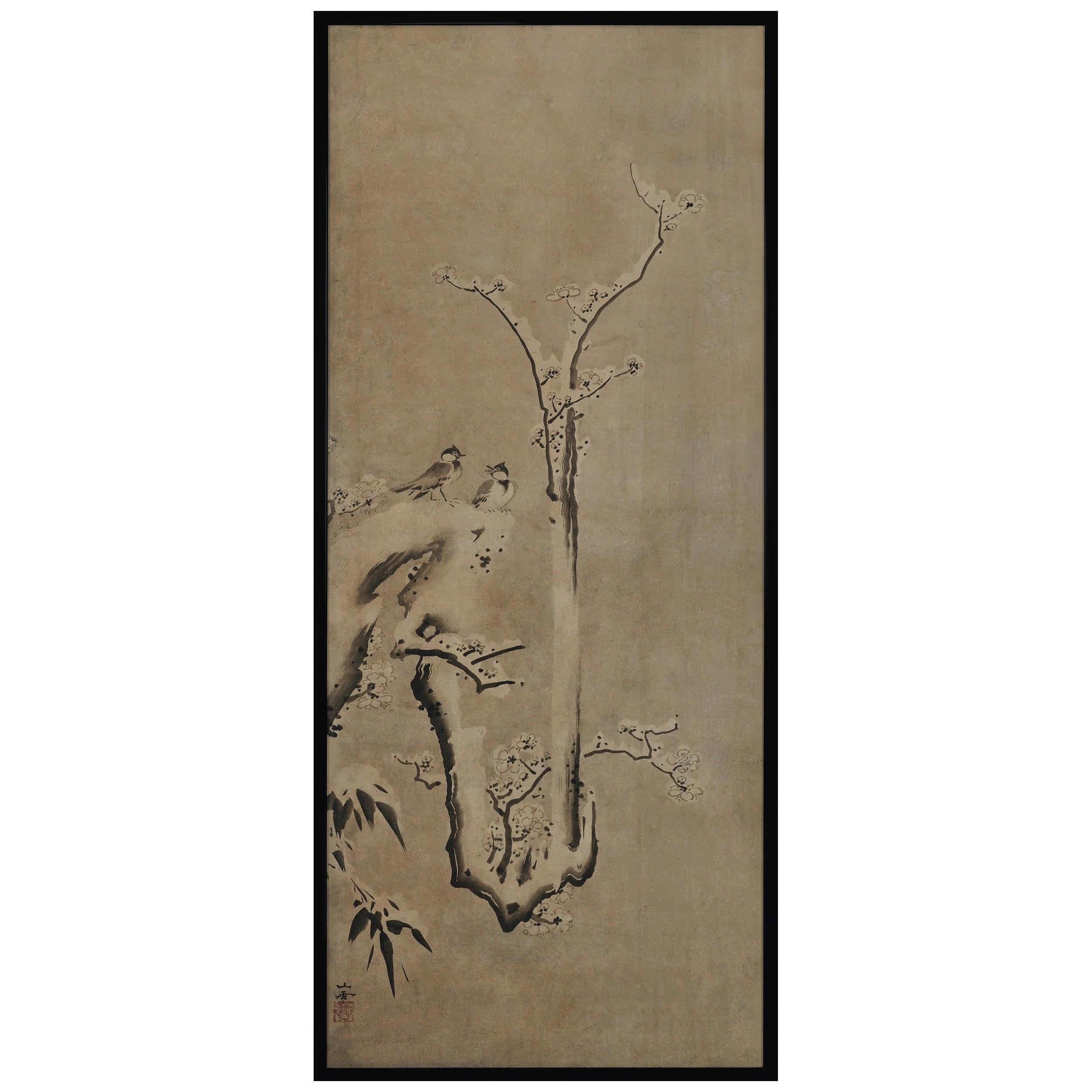 17th Century Japanese Framed Painting by Kano Sansetsu, Plum Blossoms in Snow