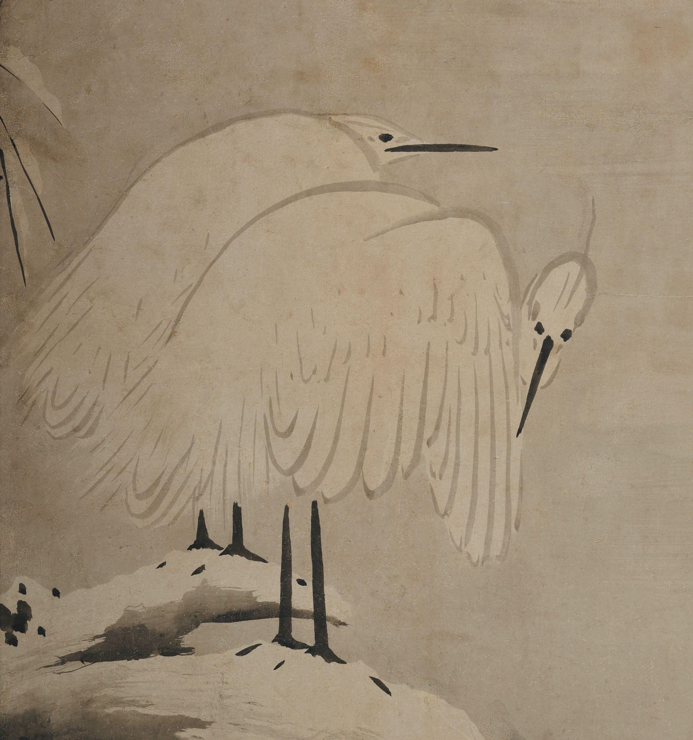 Kano Sansetsu (1589-1651)

Hérons blancs dans la neige

Période Edo, vers 1640

Peinture encadrée. Encre sur papier.

Kano Sansetsu est un peintre japonais qui a représenté l'école Kyo Kano (Kyoto Kano) de la fin du Momoyama au début de la