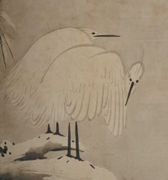 17th Century Japanese Framed Panel by Kano Sansetsu, White Herons in Snow