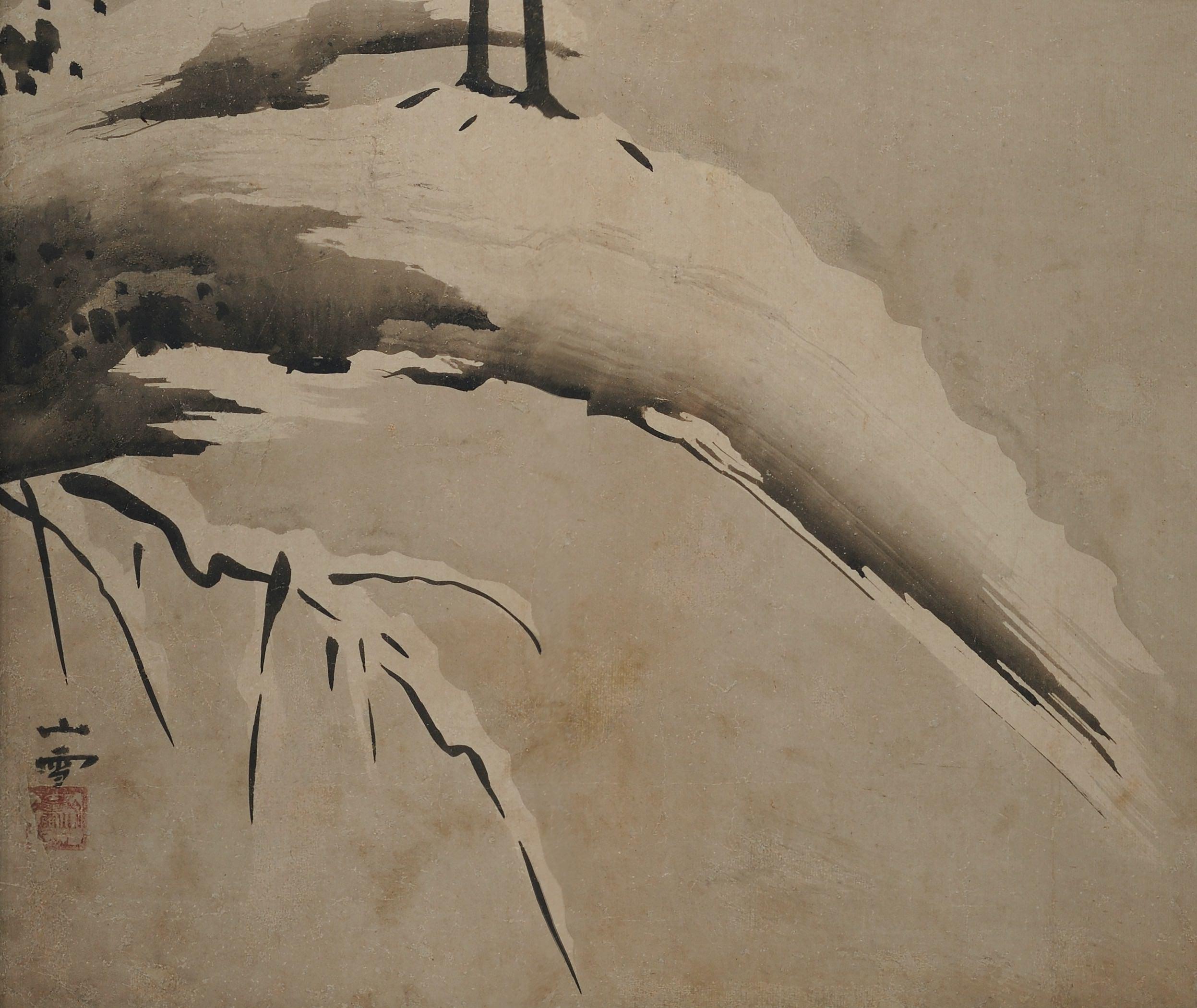 Edo Panneau encadré japonais du 17ème siècle par Kano Sansetsu, hérons blancs en neige en vente