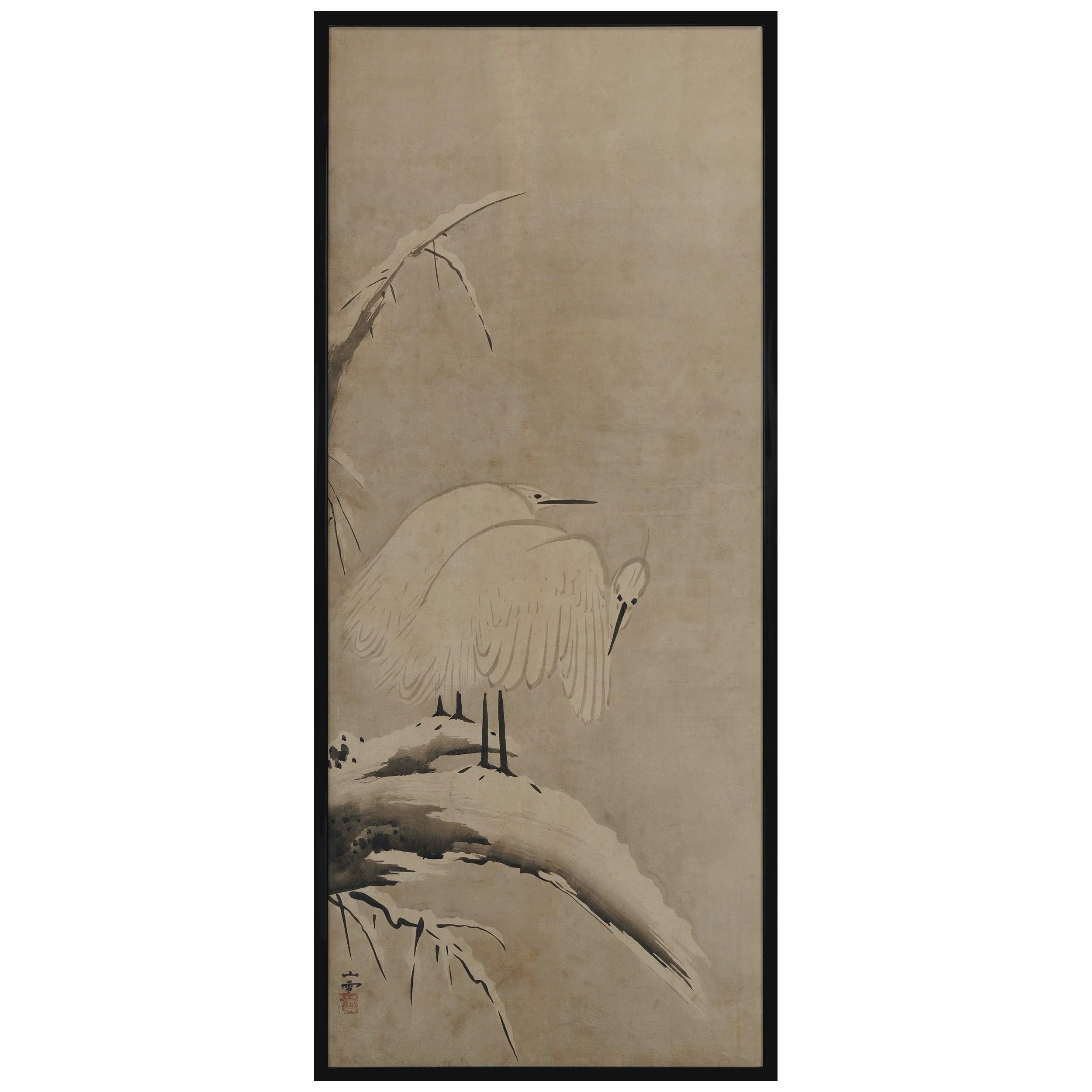Gerahmte japanische Tafel aus dem 17. Jahrhundert von Kano Sansetsu, weiße Heronen im Schnee