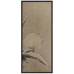 17th Century Japanese Framed Panel by Kano Sansetsu, White Herons in Snow