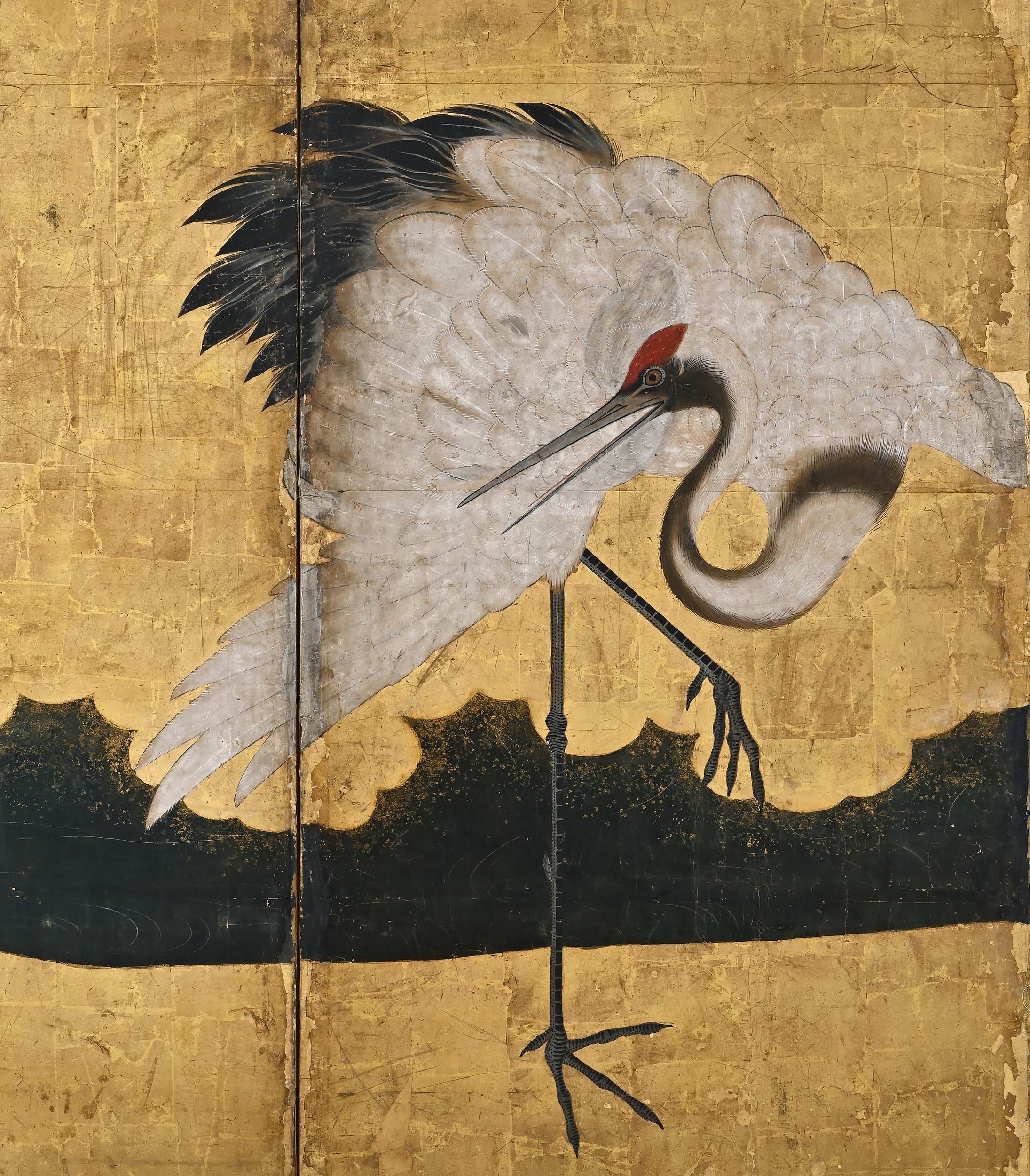Cranes and Peonies

Anonymous, Kano School.

Edo period, second half of the 17th century.

Six-panel Japanese screen. Ink, pigment gofun and gold leaf on paper.

This Japanese screen features seven red-crowned cranes—a motif of longevity, fidelity,