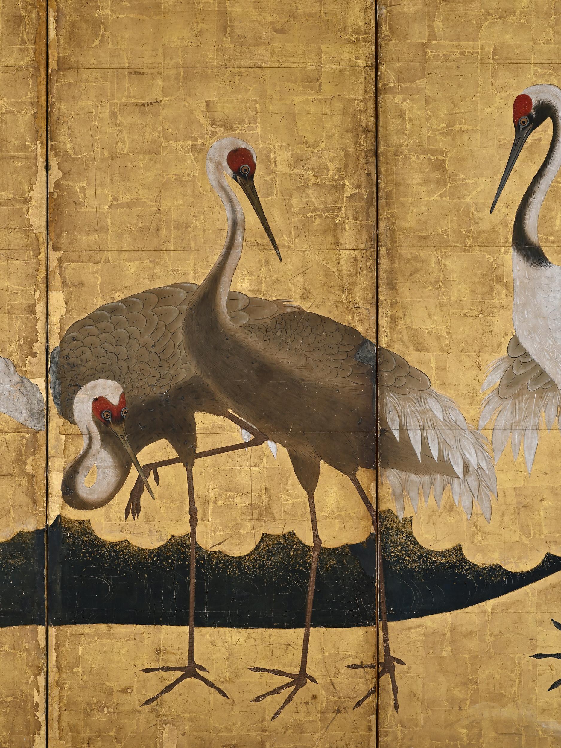 Hand-Painted 17th Century Japanese Screen. Cranes and Peonies. Edo period. For Sale