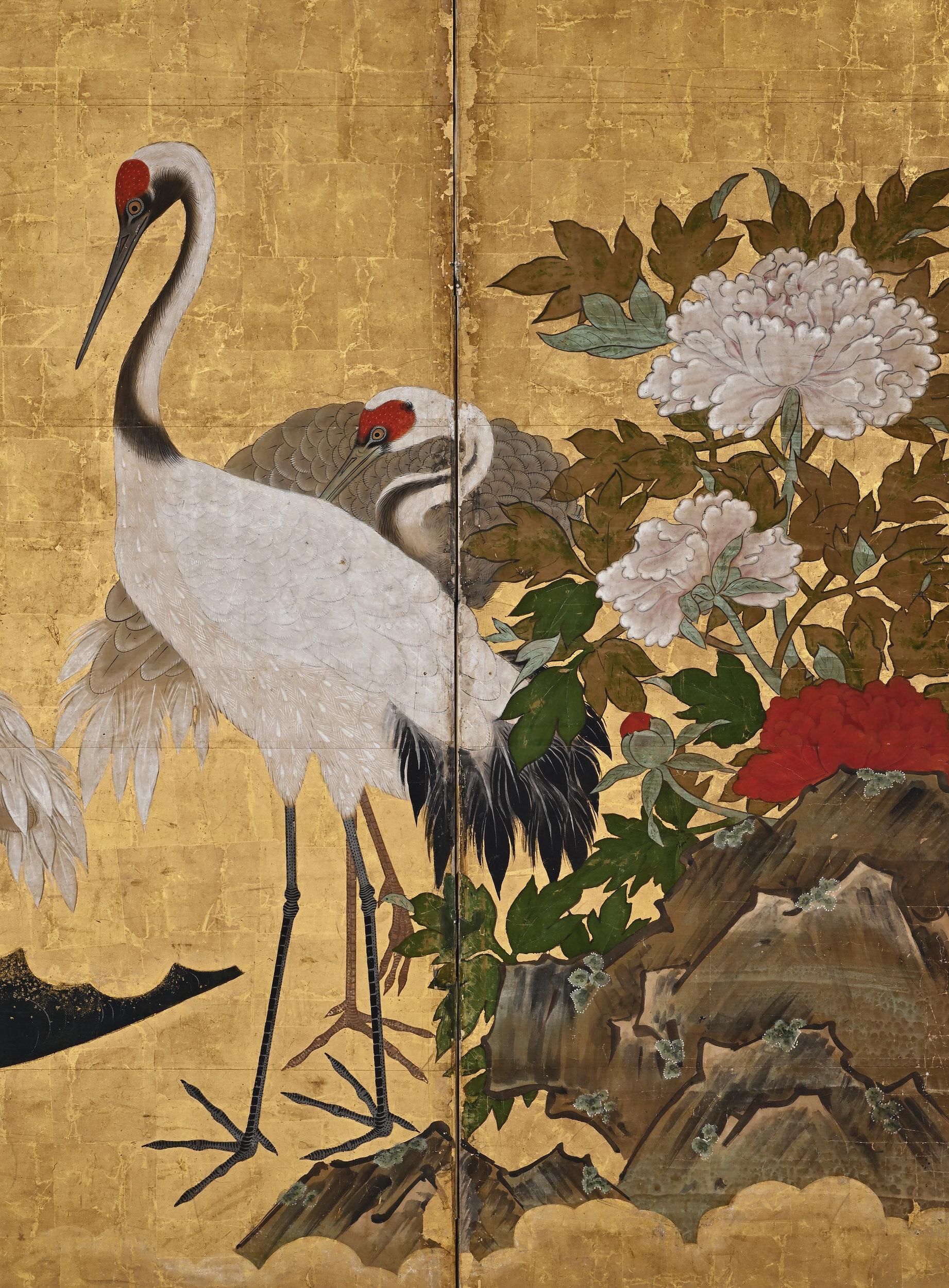 17th Century Japanese Screen. Cranes and Peonies. Edo period. In Good Condition For Sale In Kyoto, JP