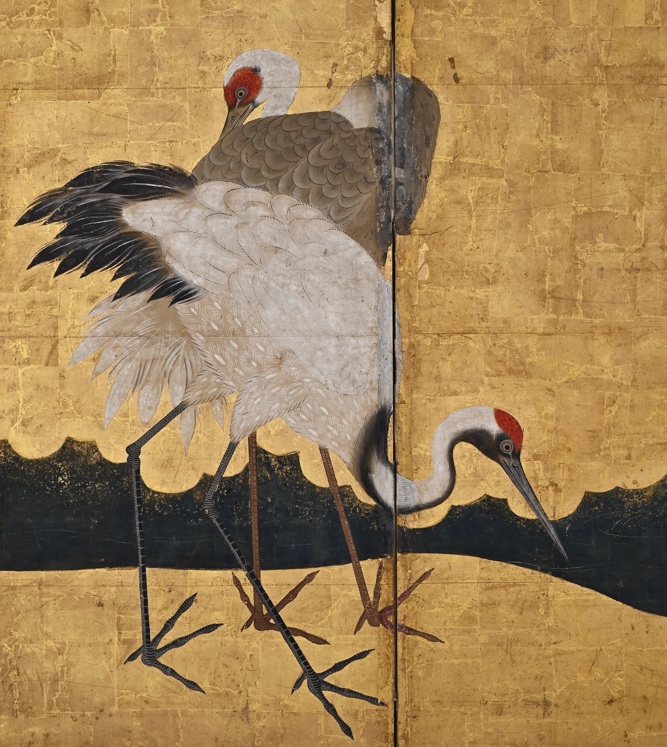 Gold Leaf 17th Century Japanese Screen. Cranes and Peonies. Edo period. For Sale