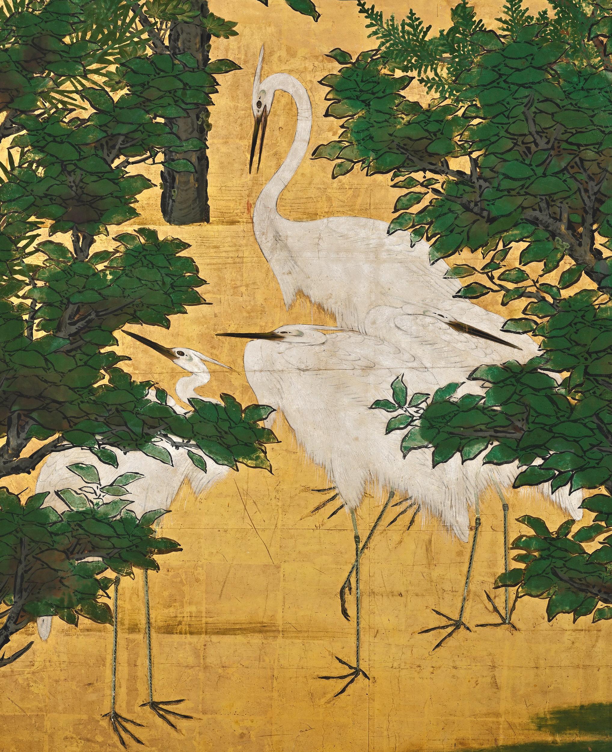 White Herons with Maples

Attributed to Kano Sanraku & Kano Sansetsu

Edo period, 1st half of the 17th century.

Two-fold screen. Ink, pigment, gofun and gold leaf on paper.

Elegant herons are most commonly portrayed in Japanese art