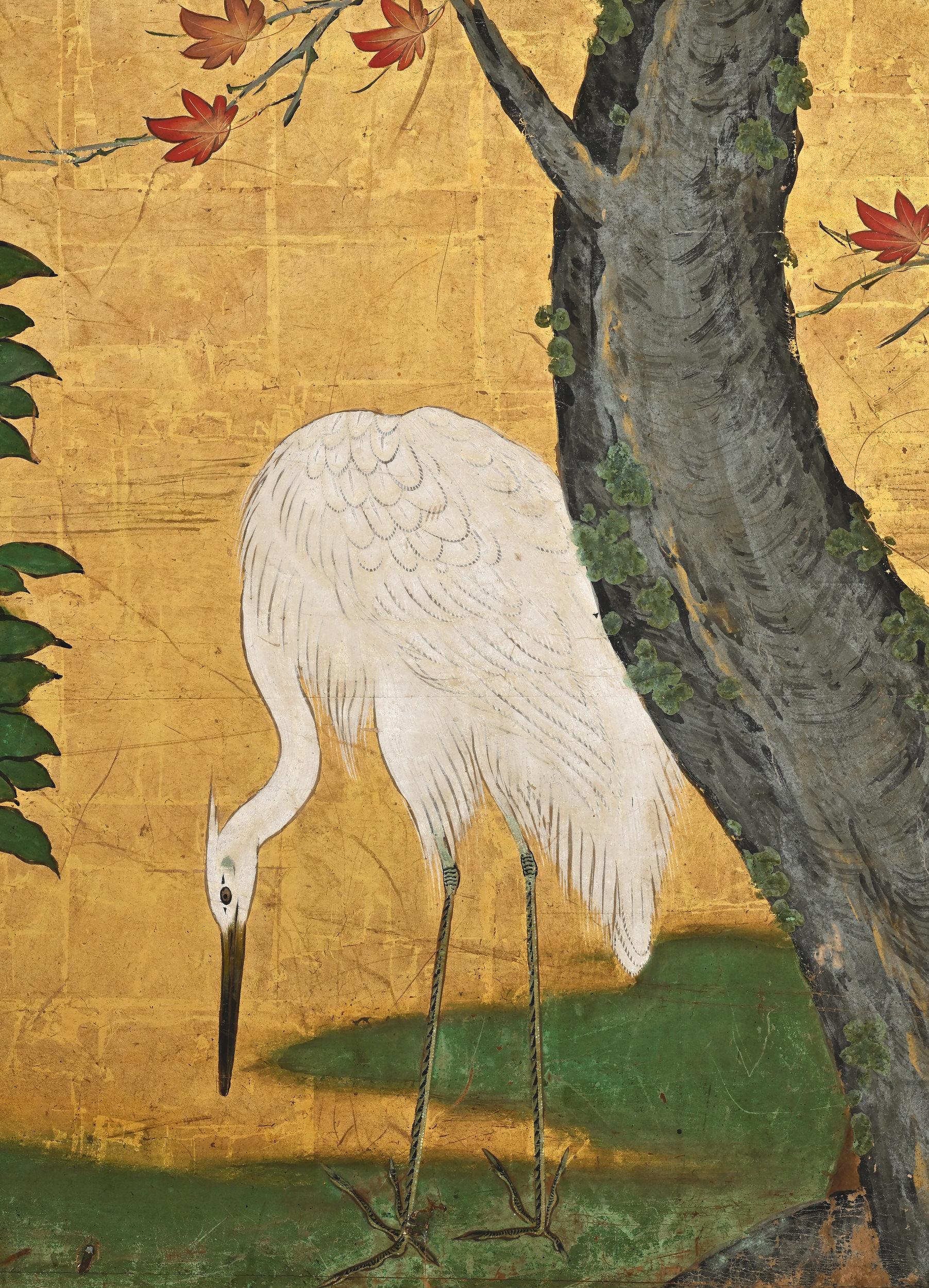 Edo 17th Century, Japanese Screen. Herons & Maple Trees, Kyoto Kano School