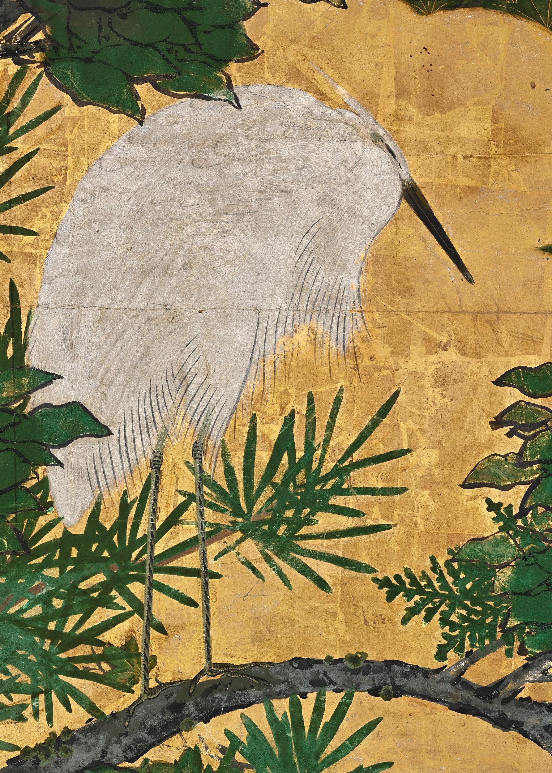 Hand-Painted 17th Century, Japanese Screen. Herons & Maple Trees, Kyoto Kano School