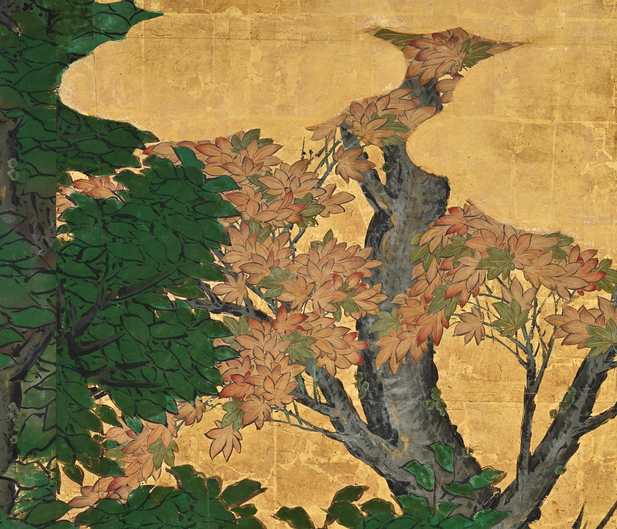 Gold Leaf 17th Century, Japanese Screen. Herons & Maple Trees, Kyoto Kano School