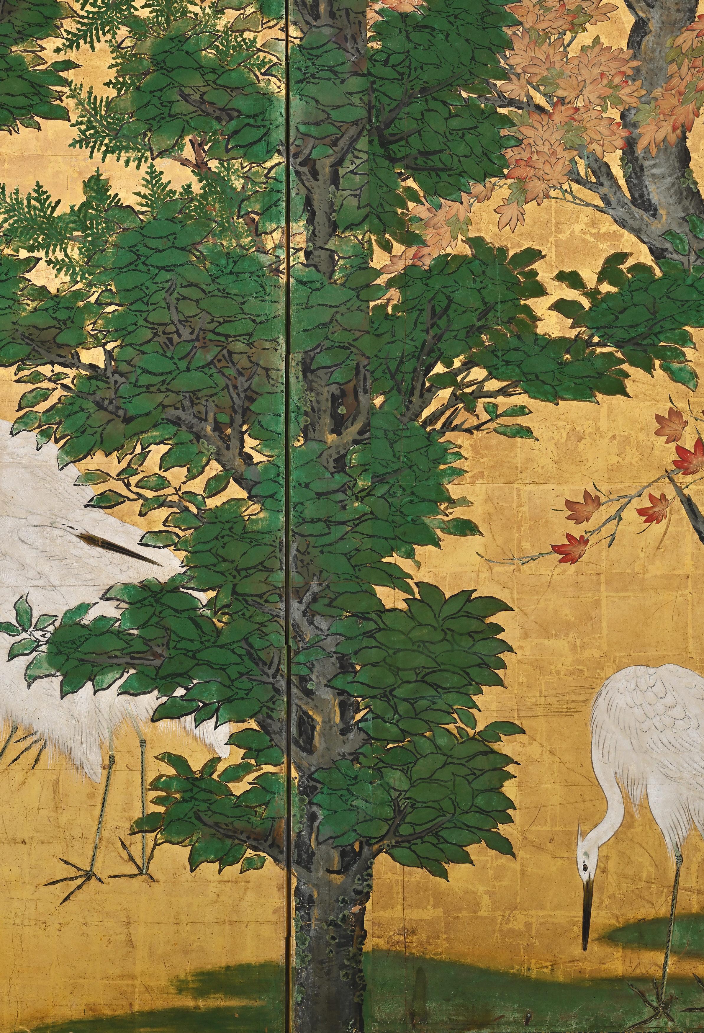 17th Century, Japanese Screen. Herons & Maple Trees, Kyoto Kano School 1