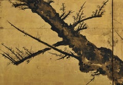 17th Century Japanese Screen, Ink Plum Blossoms by Priest Hozobo Kojo