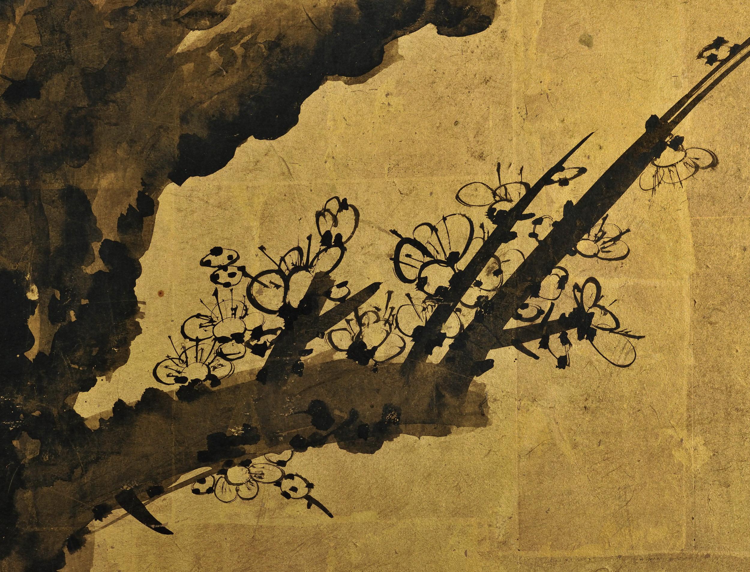 17th Century Japanese Screen, Ink Plum Blossoms by Priest Hozobo Kojo In Good Condition In Kyoto, JP