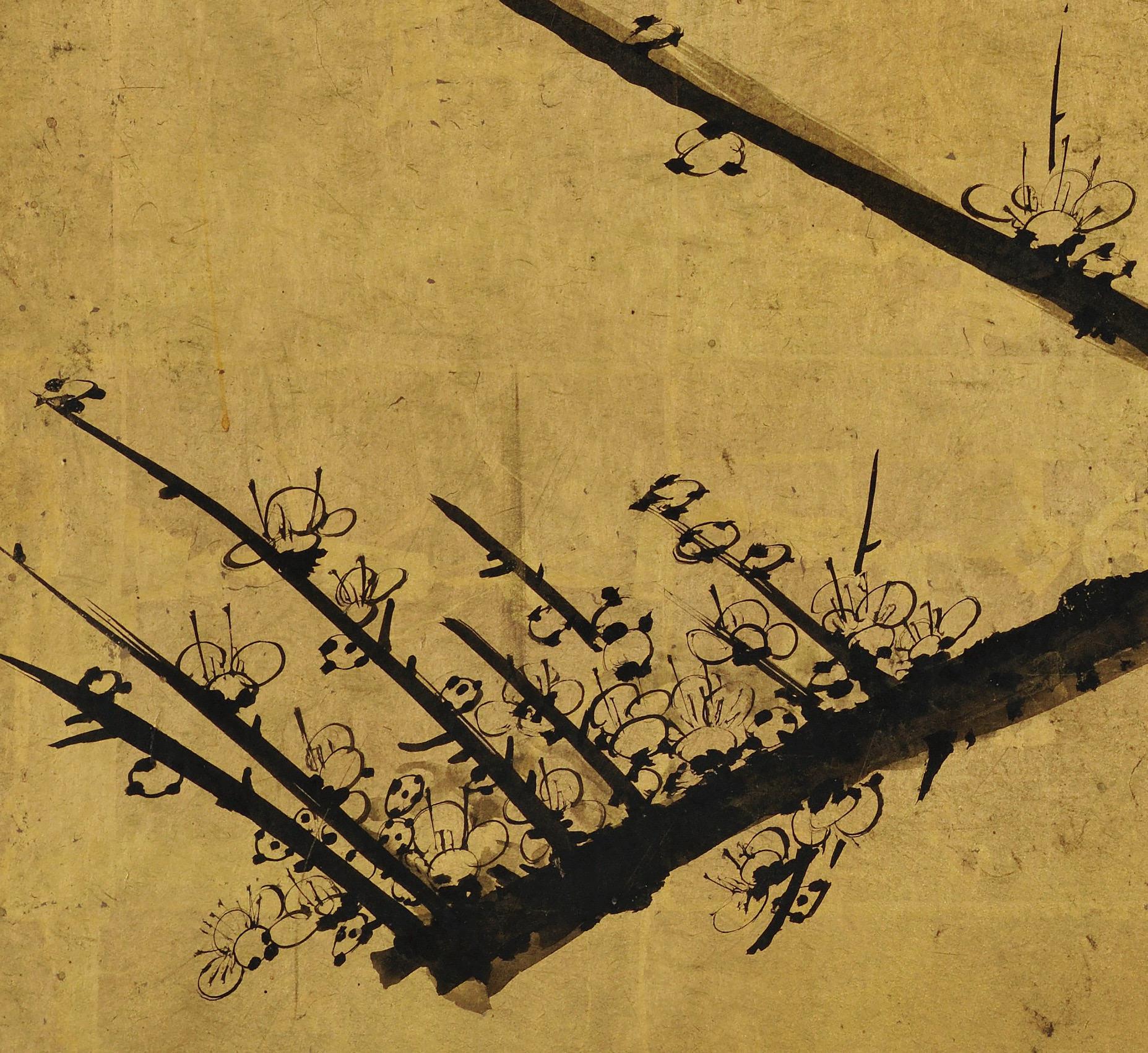 Gold Leaf 17th Century Japanese Screen, Ink Plum Blossoms by Priest Hozobo Kojo