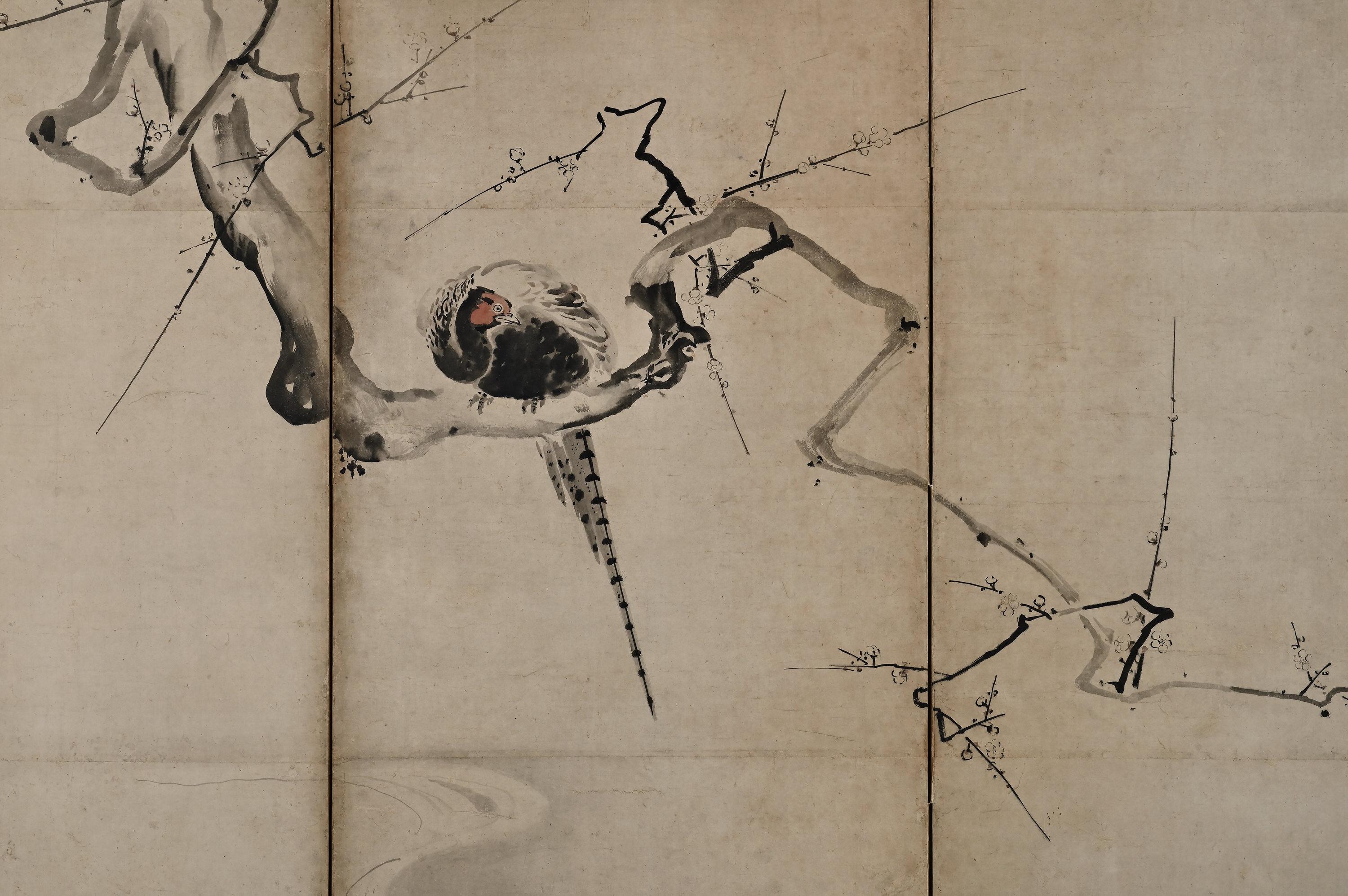 Kano Naonobu (1607-1650)
Prunier et oiseaux
Écran japonais à six volets. Encre et couleurs légères sur papier.

Dans cette œuvre à l'encre évocatrice qui s'étend sur un paravent à six panneaux, nous voyons l'aboutissement de l'élégance et du