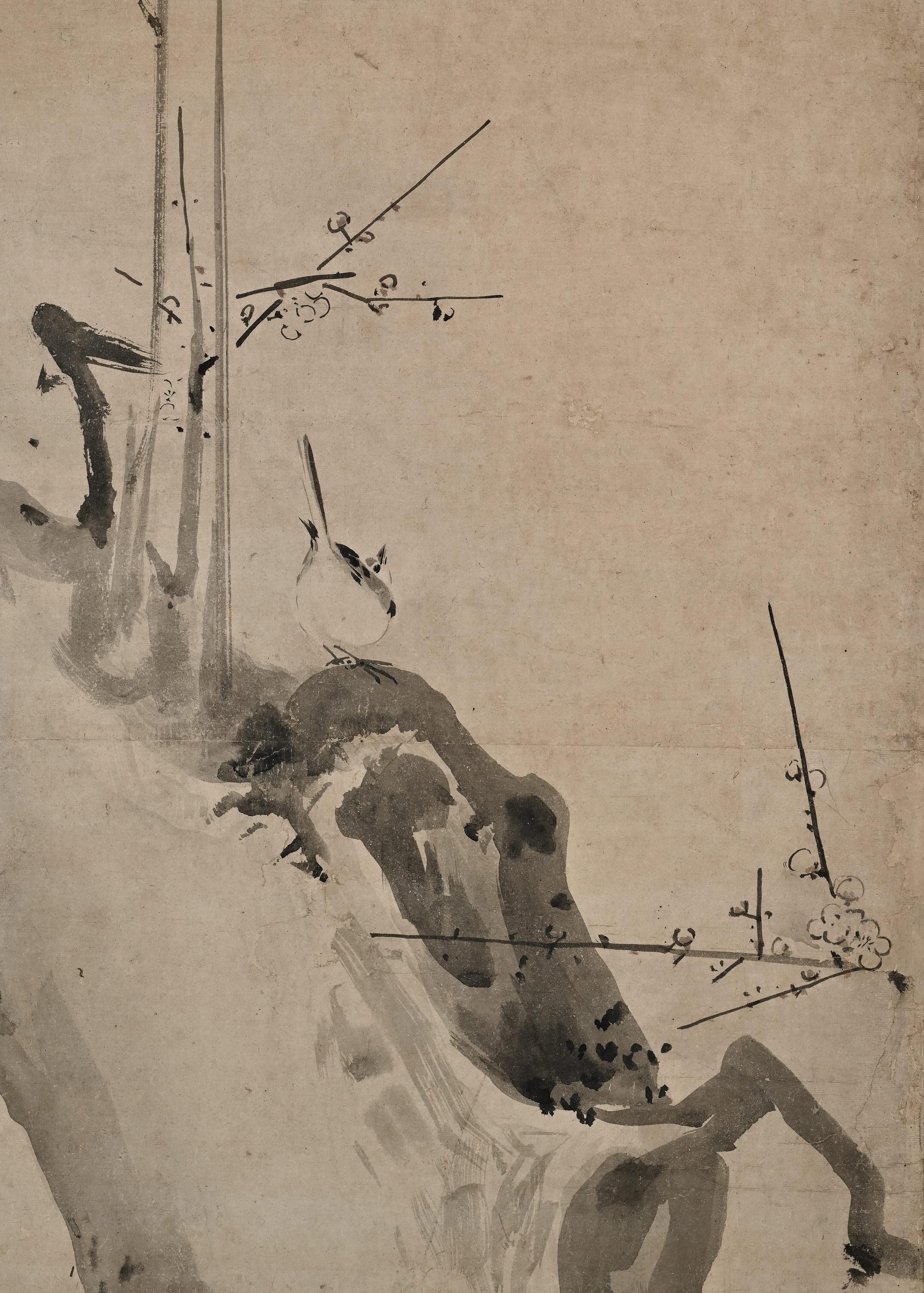 Edo Paravent japonais du 17e siècle. Encre Plum Tree & Birds de Kano Naonobu. en vente