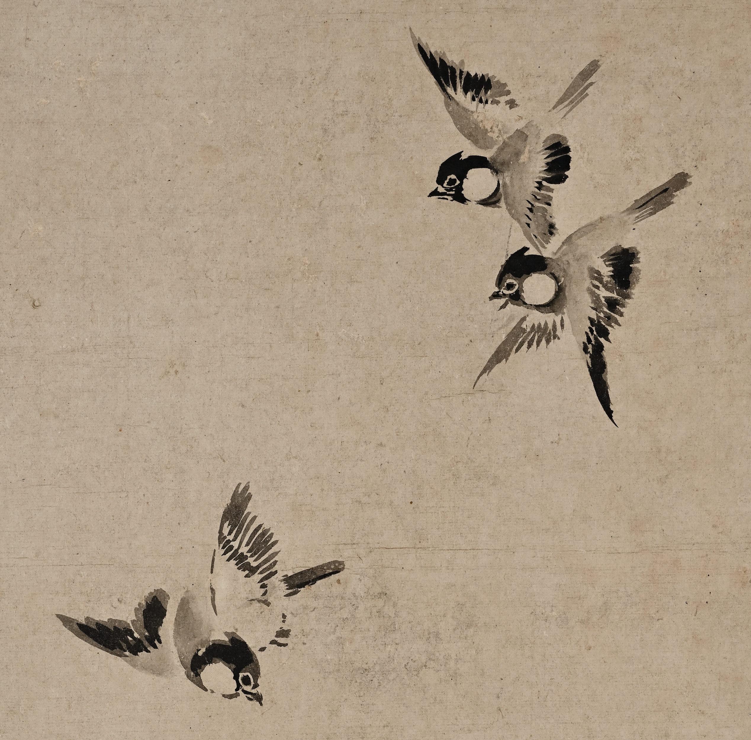 Japanische Leinwand des 17. Jahrhunderts. Tinte Pflaumenbaum & Vögel von Kano Naonobu. (Handbemalt) im Angebot