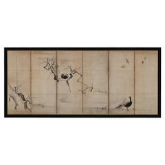 Paravent japonais du 17e siècle. Encre Plum Tree & Birds de Kano Naonobu.