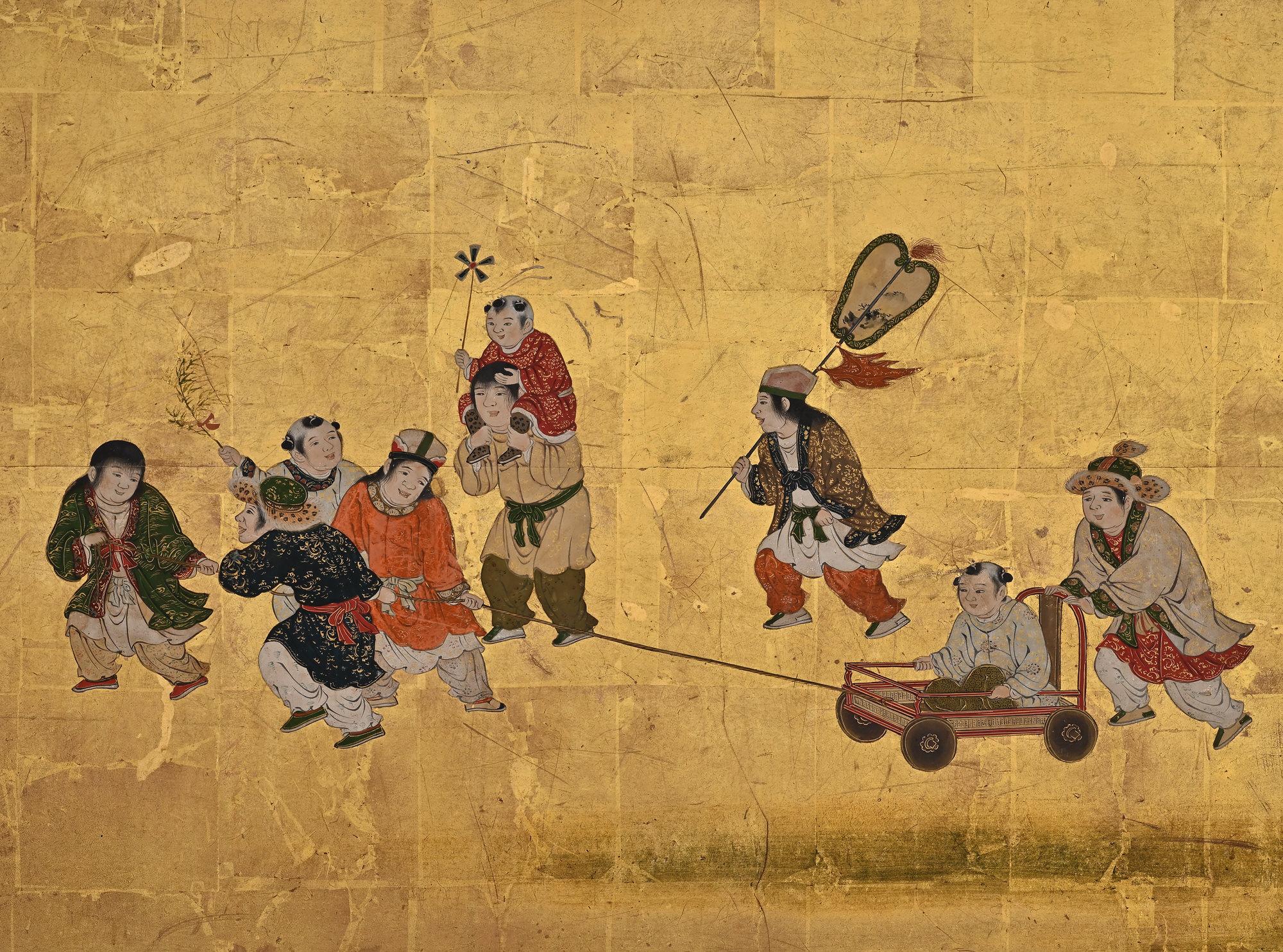 Japanische Leinwand des 17. Jahrhunderts. Karako Asobi: Chinesische Kinder beim Spielen. (Handbemalt) im Angebot