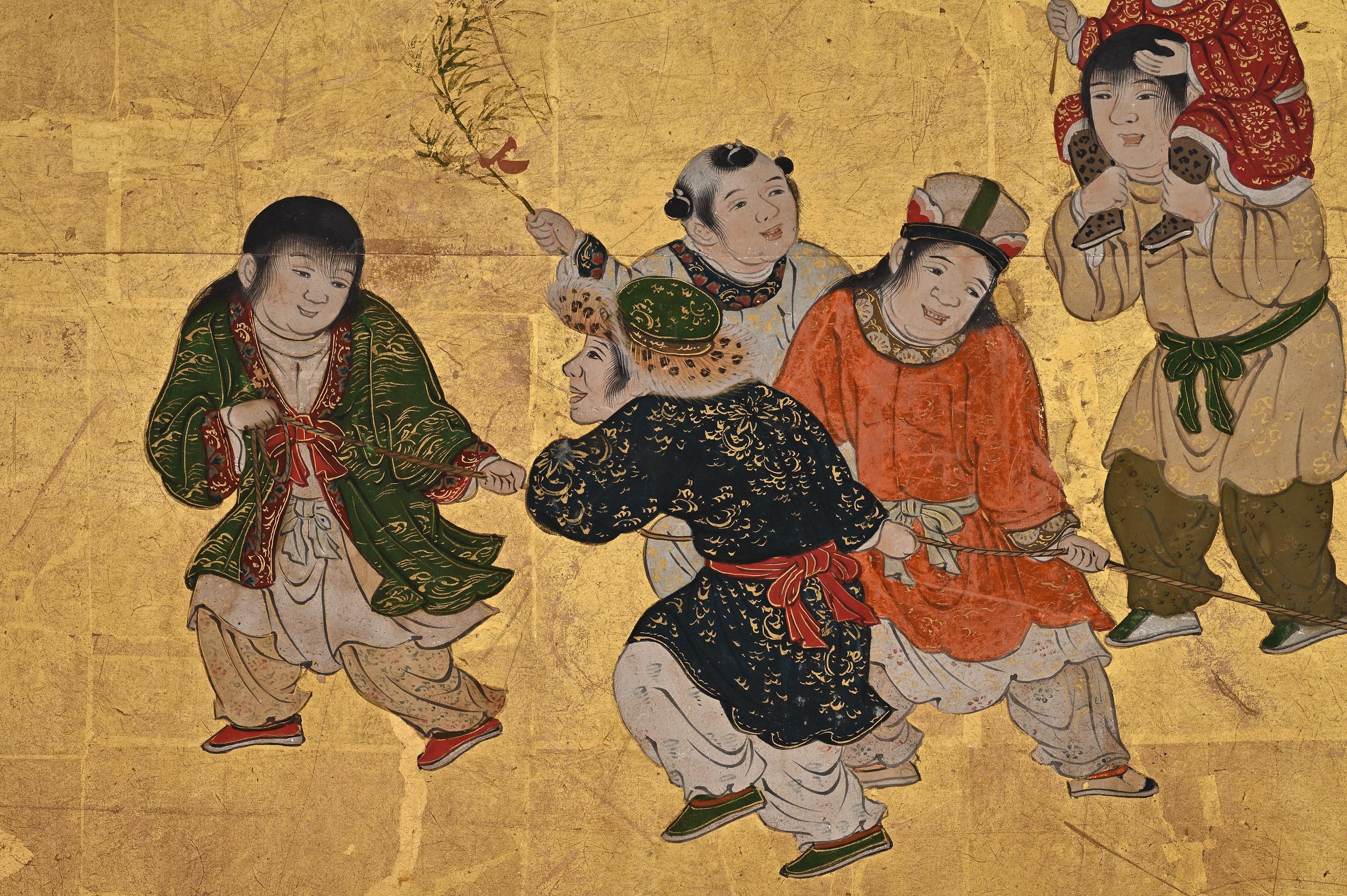 Japanische Leinwand des 17. Jahrhunderts. Karako Asobi: Chinesische Kinder beim Spielen. im Zustand „Gut“ im Angebot in Kyoto, JP