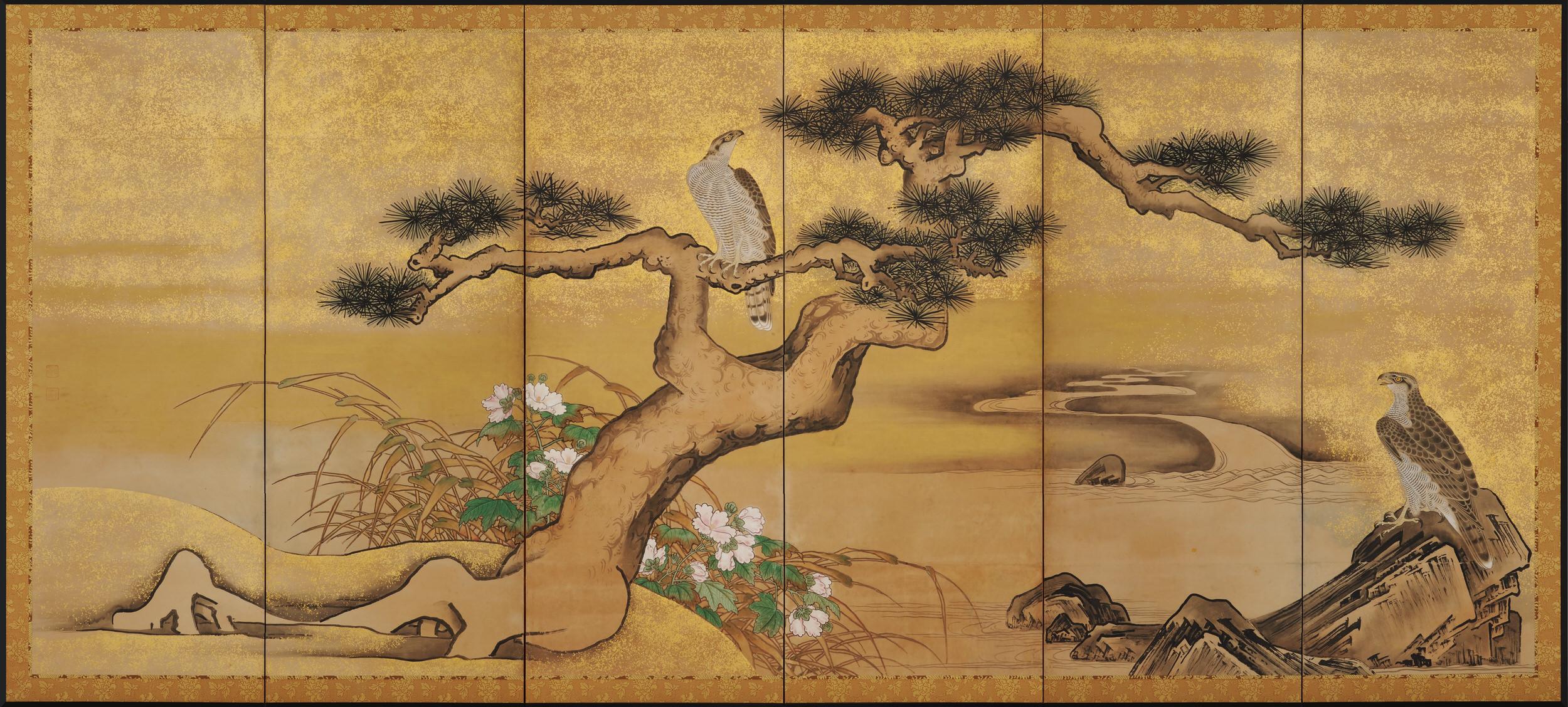 Hawks on plum and pine

Soga Nichokuan (active circa 1625-1660)

Pair of six-fold screens.

Ink, mineral pigments, gofun, gold and speckled gold leaf on paper.

Upper seal: Hoin
Lower seal: Nichokuan

The combination of pine trees and