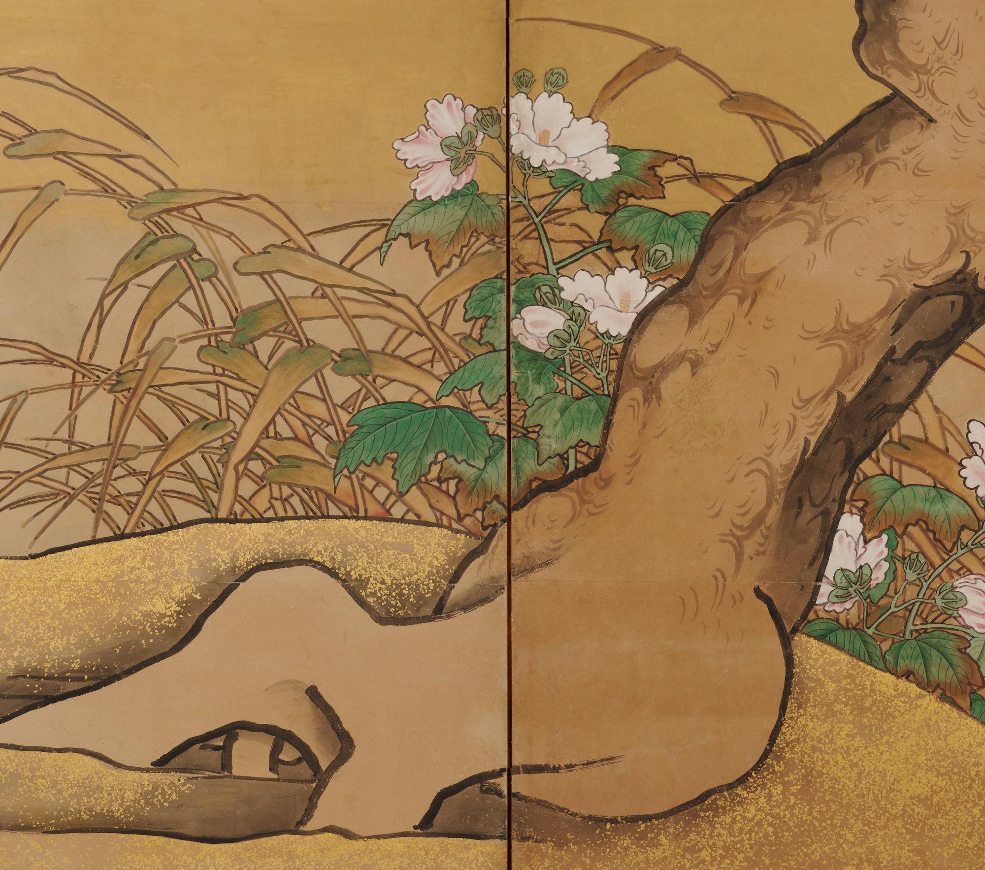 Laqué Paire de paravents japonais du 17ème siècle par Soga Nichokuan, Hawks on Pine & Plum Trees en vente