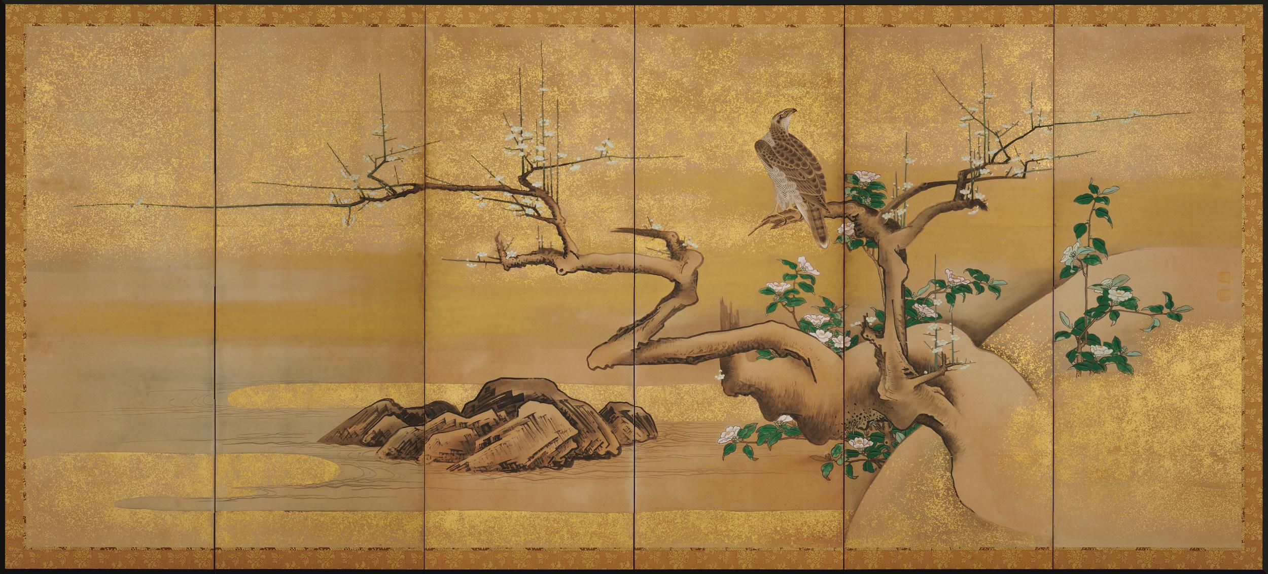 Bois Paire de paravents japonais du 17ème siècle par Soga Nichokuan, Hawks on Pine & Plum Trees en vente