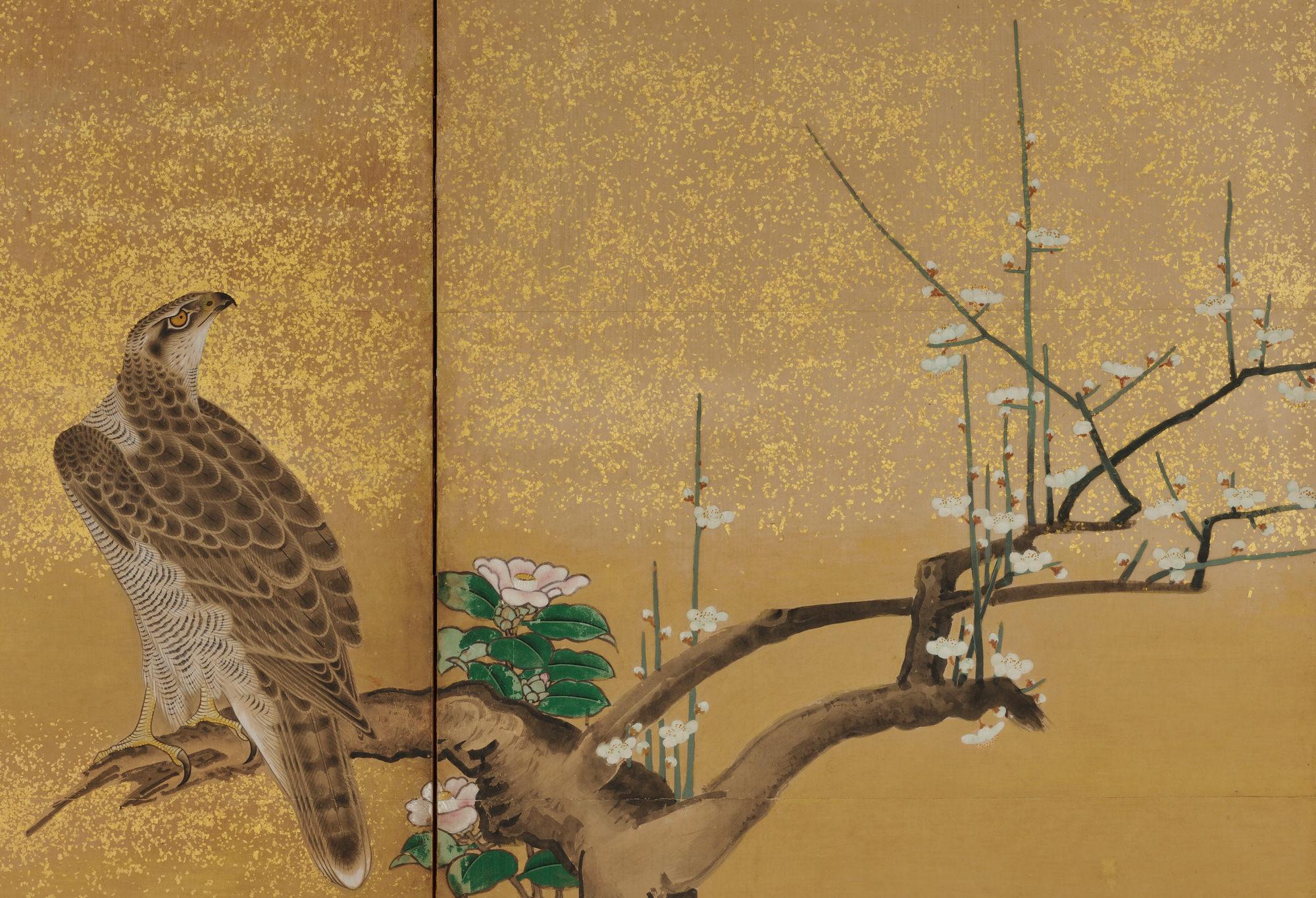 Paire de paravents japonais du 17ème siècle par Soga Nichokuan, Hawks on Pine & Plum Trees en vente 1