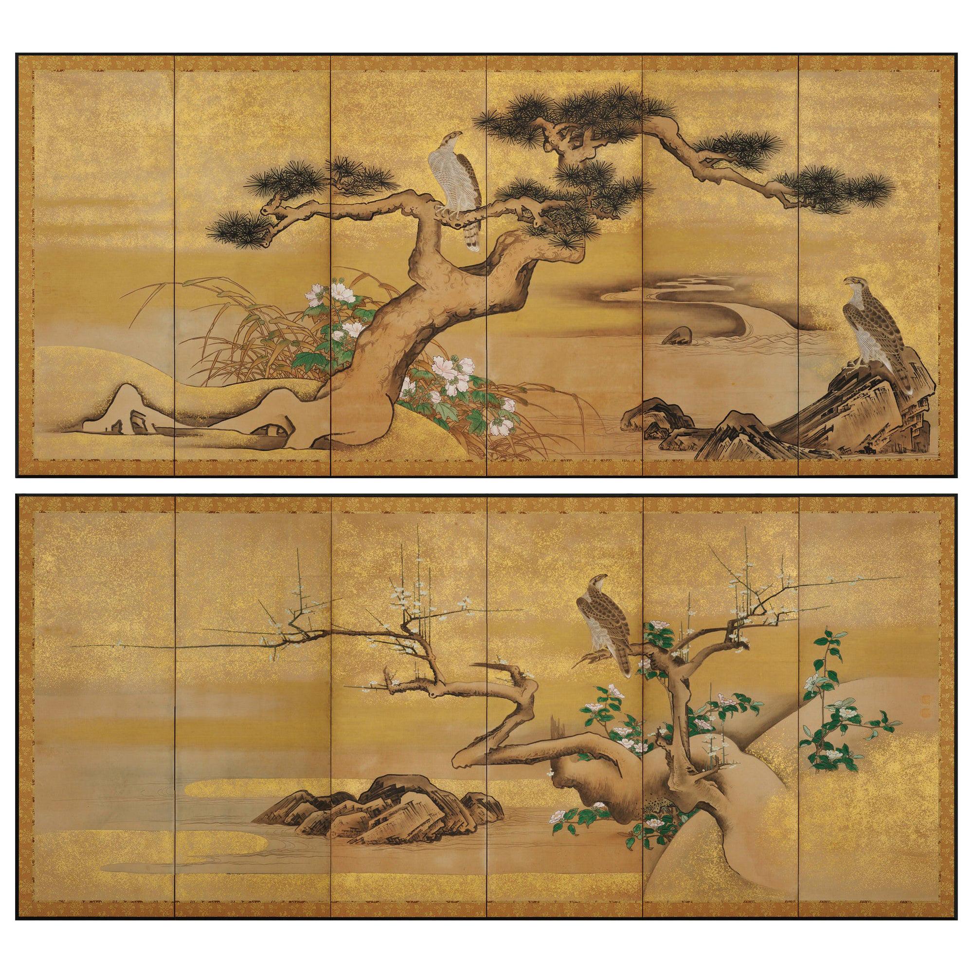 17th Century Japanese Screen Pair by Soga Nichokuan, Hawks on Pine & Plum Trees