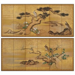 17th Century Japanese Screen Pair by Soga Nichokuan, Hawks on Pine & Plum Trees