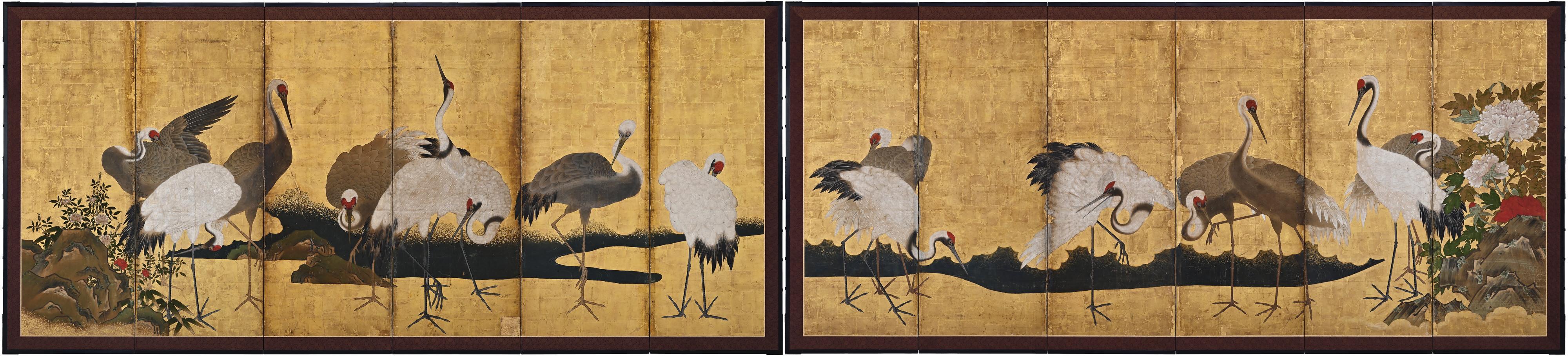 Grues

Anonyme, Kano School.

Période Edo, seconde moitié du XVIIe siècle.

Paire d'écrans à six panneaux. Encre, pigment gofun et feuille d'or sur papier.

Dimensions : 
Chacun : H. 171 cm x L. 376 cm (67'' x 148'')

Cette composition